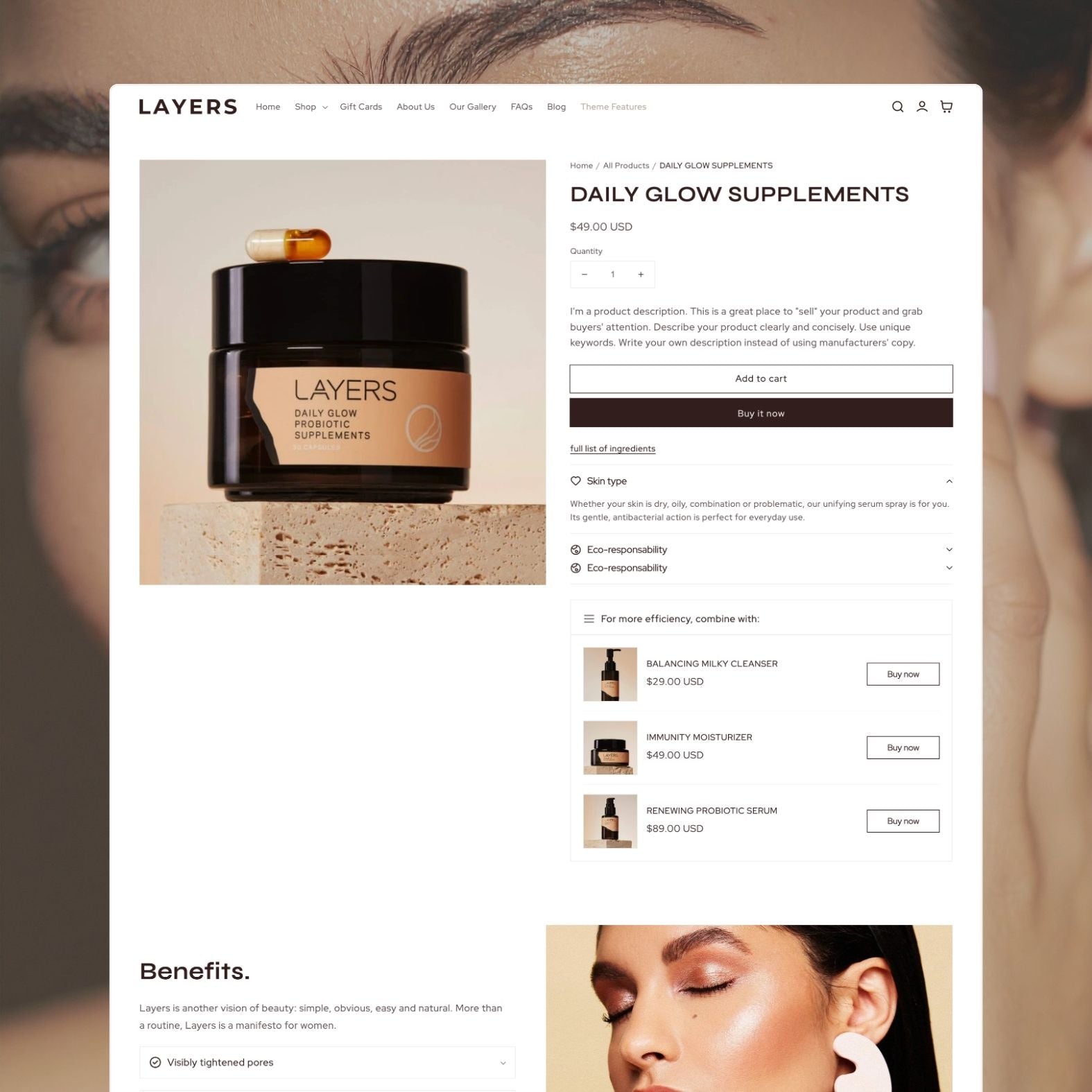 Layers theme product page showing a supplement or skincare product with detailed ingredient information, rich dark-toned photography, dosage instructions, and bundle options