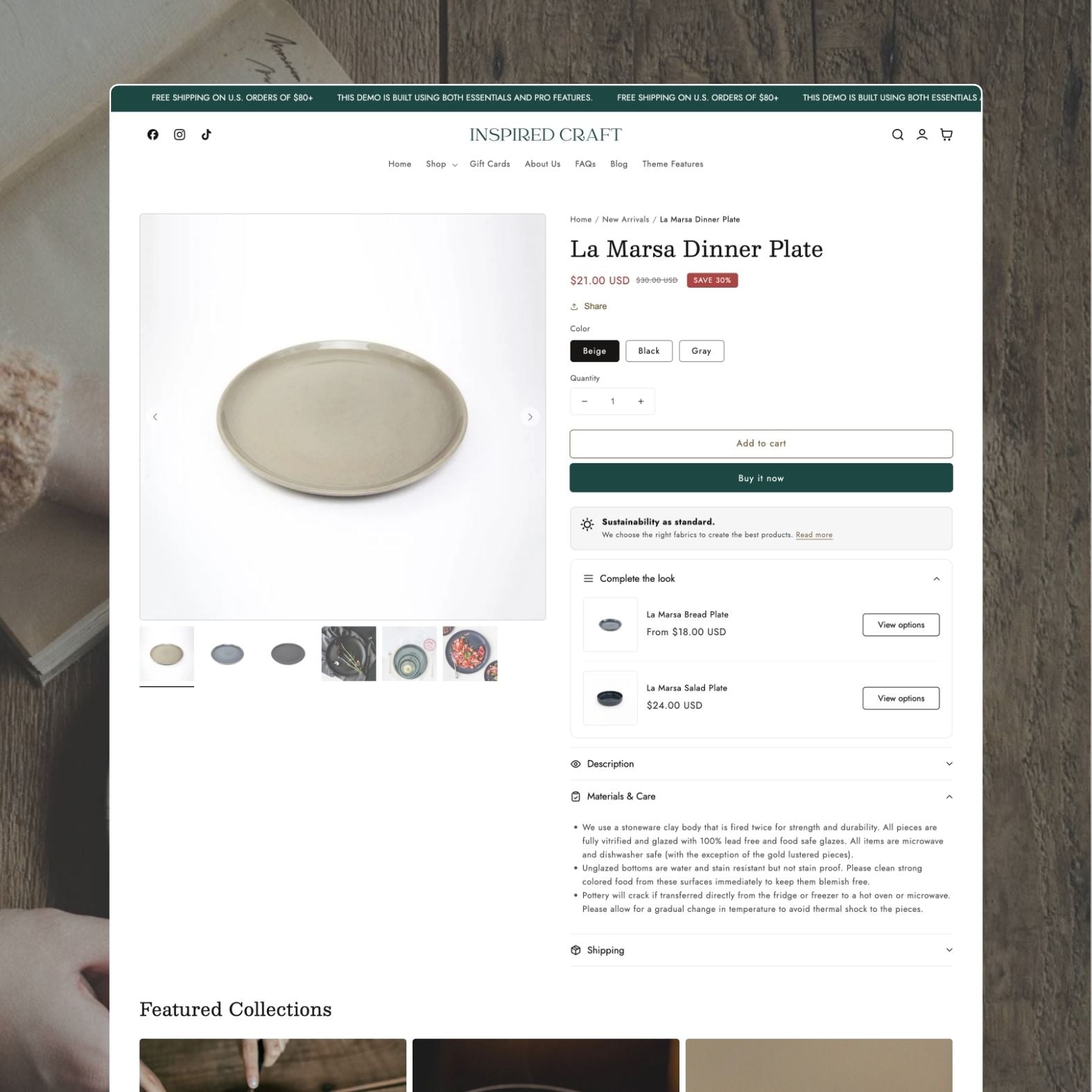 Craft theme product page displaying a La Marsa dinner plate in stoneware with color options, detailed materials and care information, 'Complete the look' upsell section, and featured collections