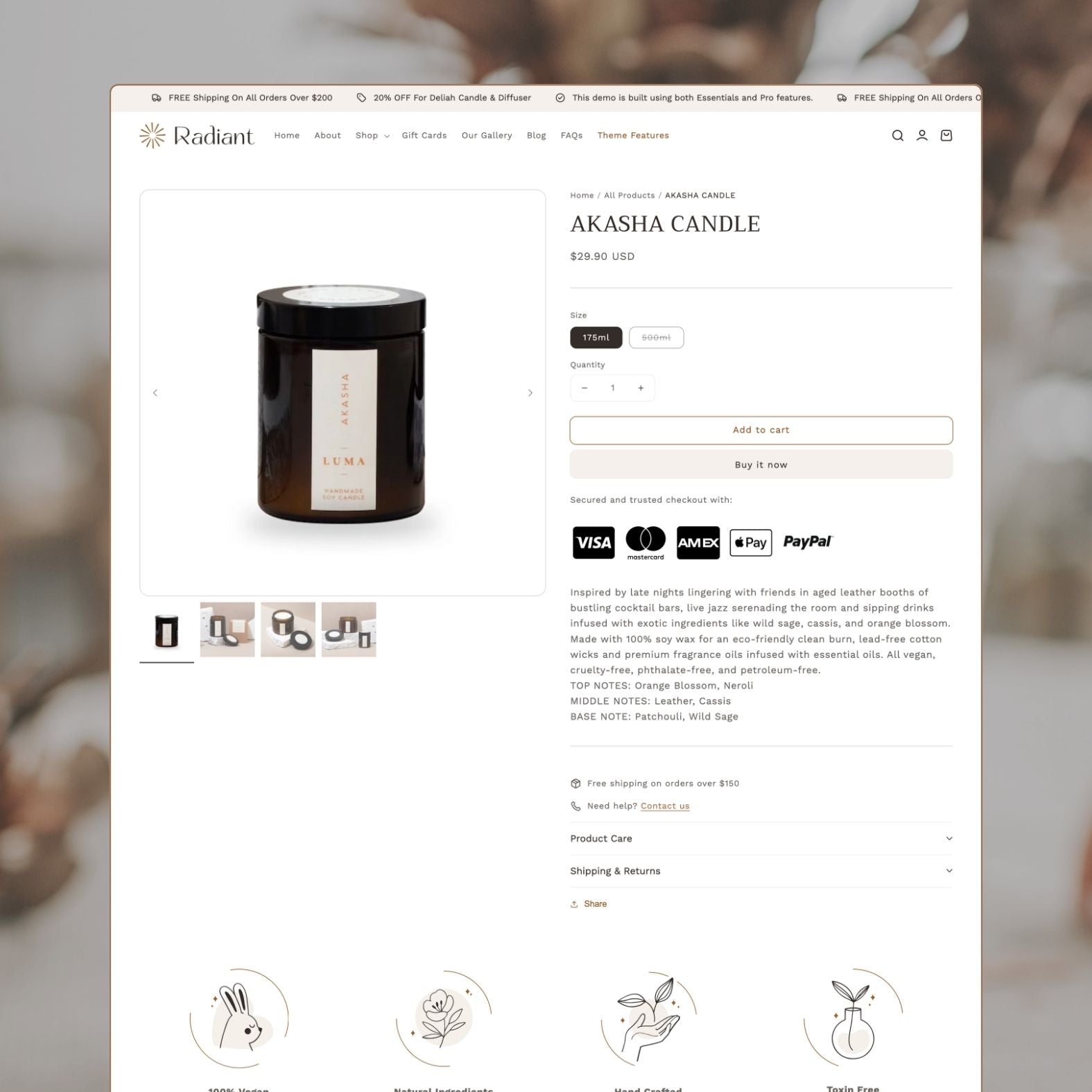 Radiant theme product page displaying an Akasha soy candle in dark amber jar with size options, detailed scent profile with top, middle, and base notes, payment icons, and product care accordion sections