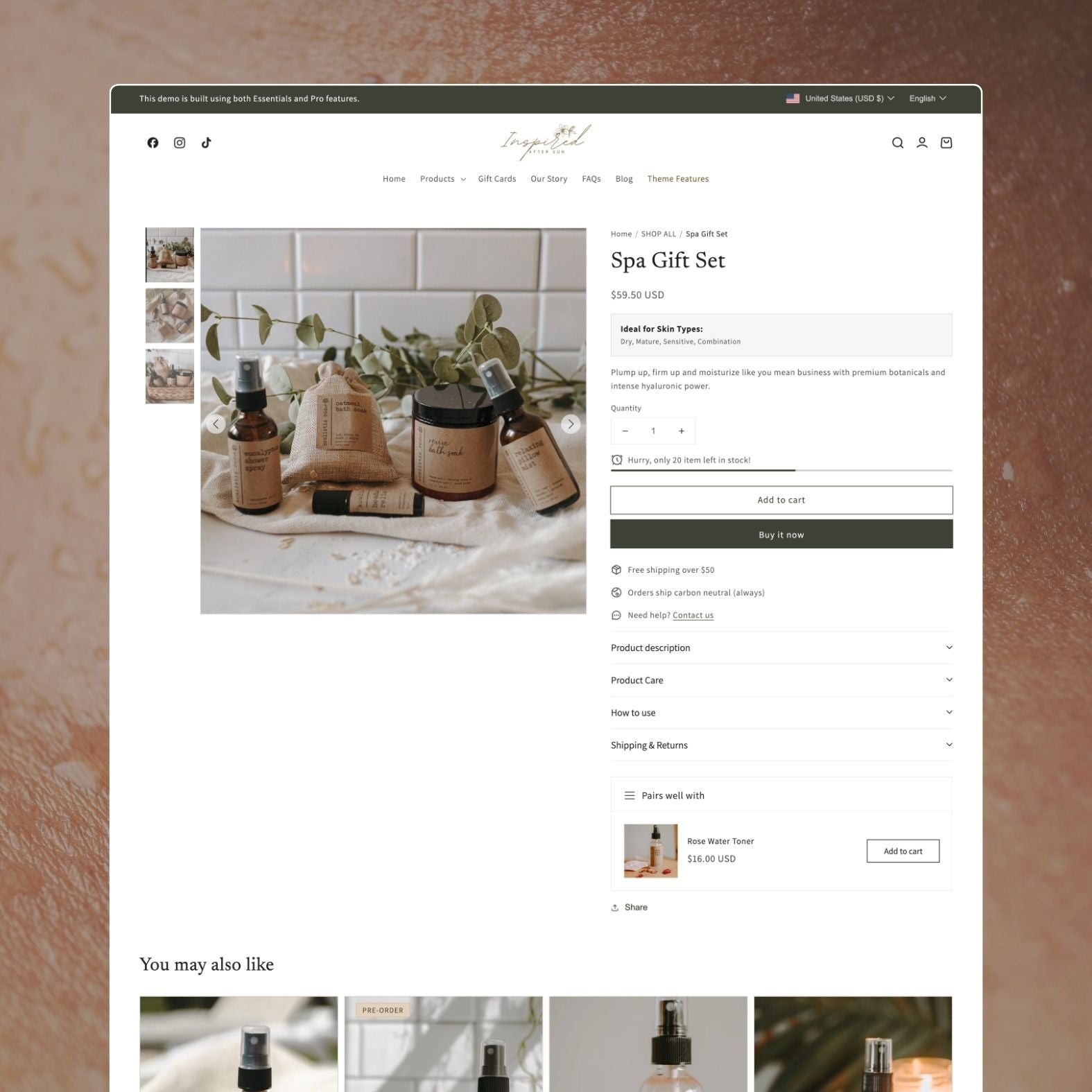 After Sun theme product page displaying a skincare item with detailed description, add-to-cart button, product upsells, accordion sections for ingredients and shipping, and clean minimal layout
