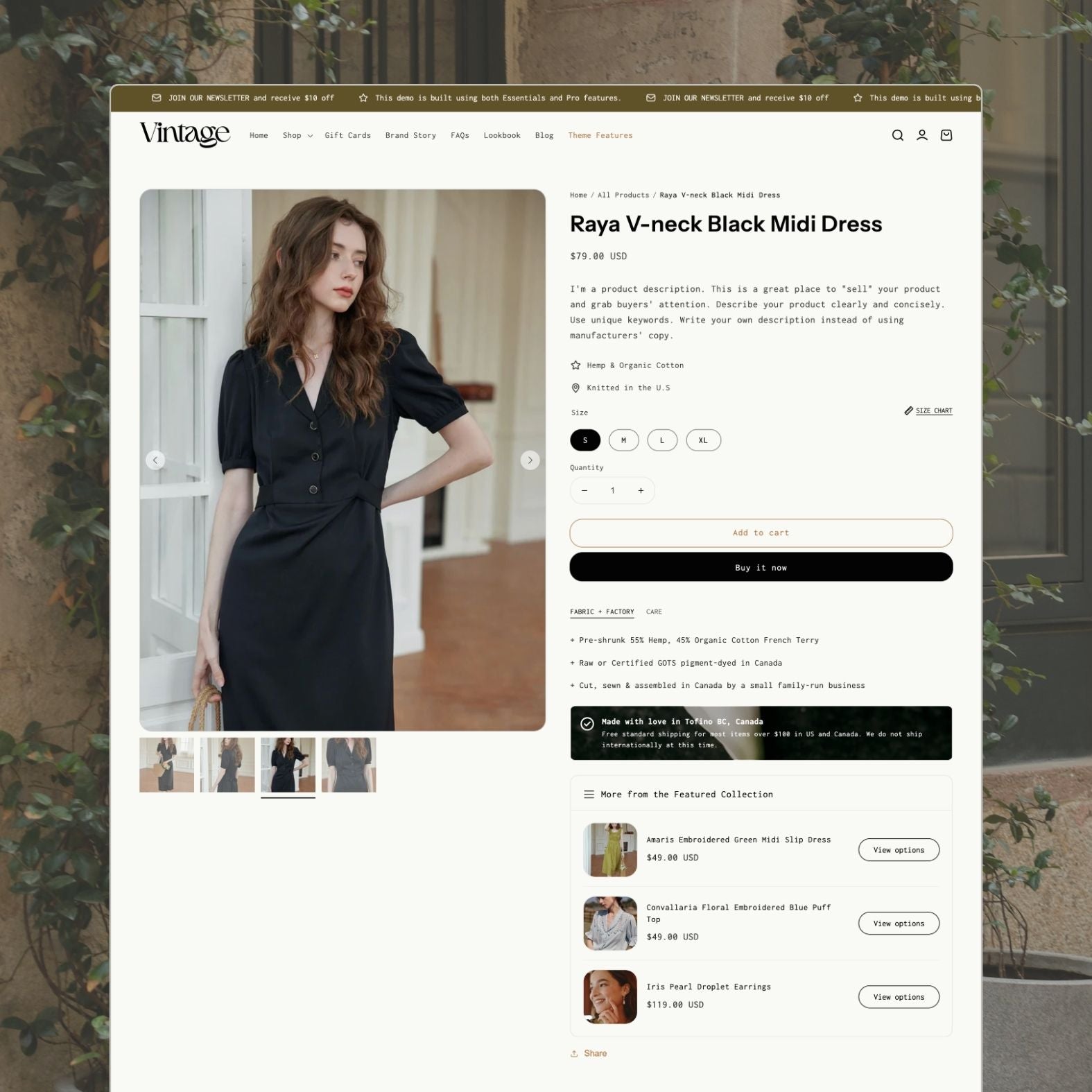Vintage theme product page showing a Raya V-neck Black Midi Dress with model photography in a garden doorway, hemp and organic cotton fabric details, size selector with chart, 'More from the Featured Collection' upsell, and vintage newspaper background