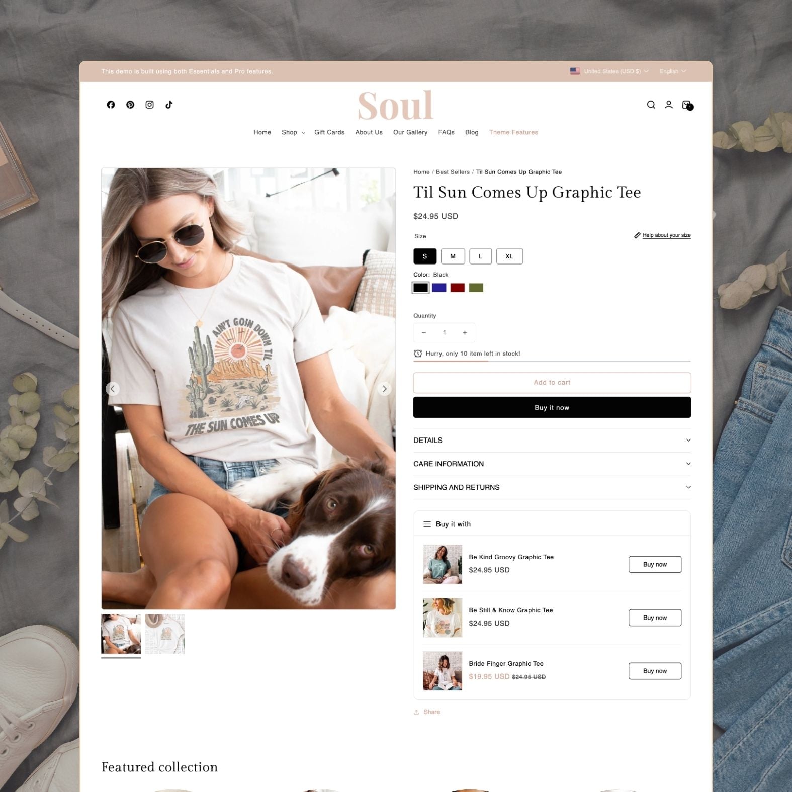 Soul theme product page displaying a 'Til Sun Comes Up' graphic tee with boho desert illustration, size and color options, stock urgency badge, 'Buy it with' upsell section, and casual lifestyle photography with a dog