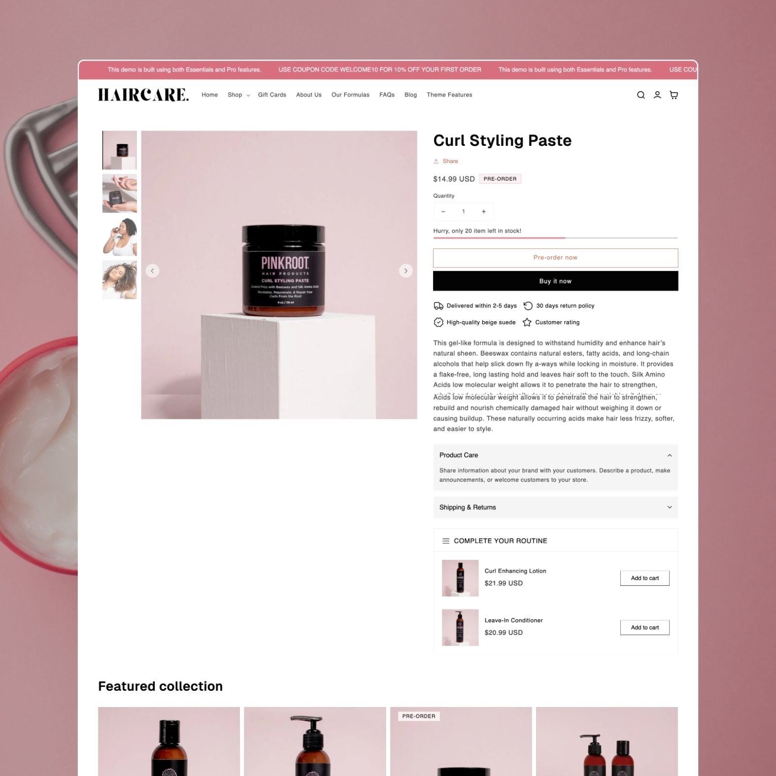 Haircare theme product page showing a natural hair care product with ingredient details, rose-toned product photography, add-to-cart section, and complementary product recommendations