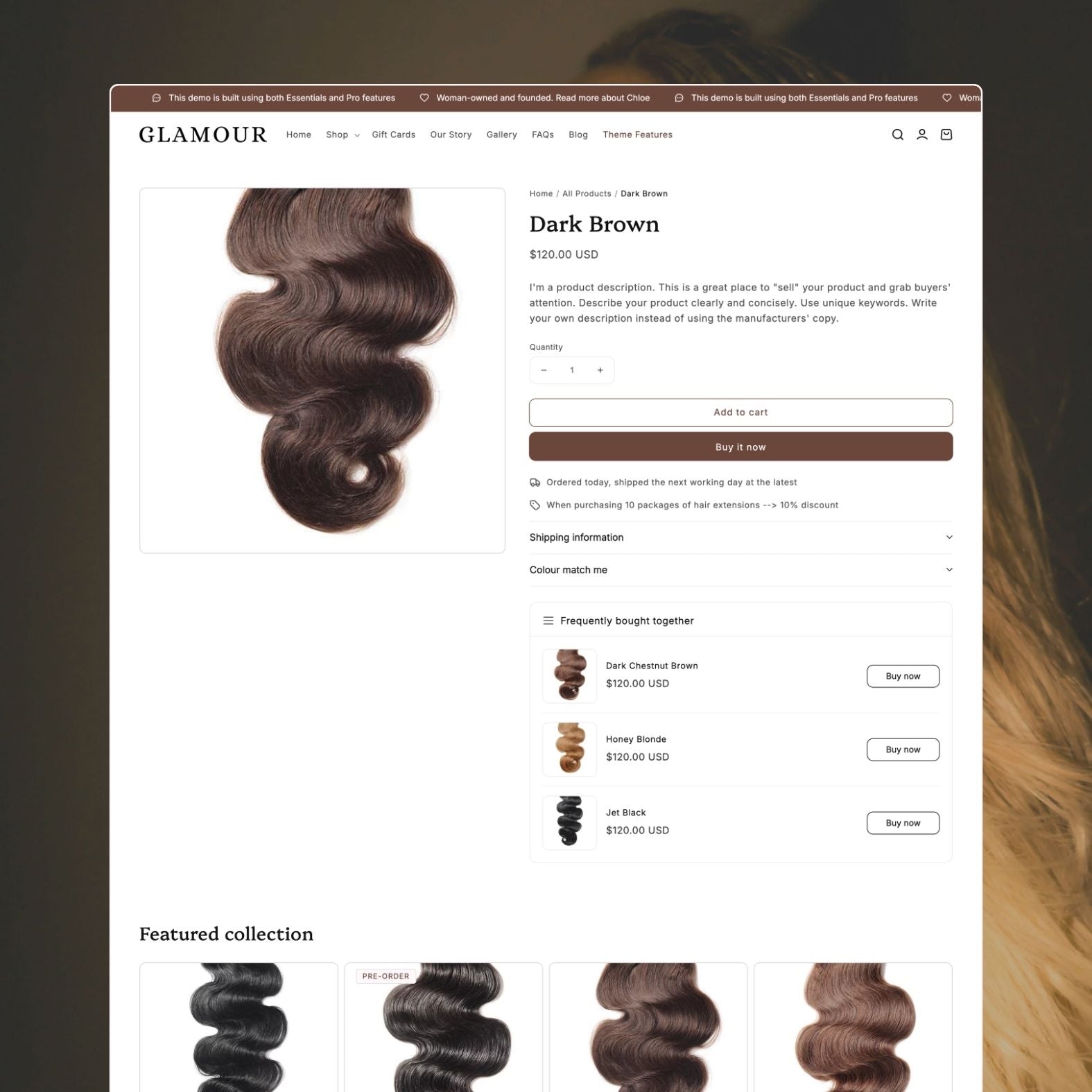 Glamour theme product page showing hair extensions with length and shade selectors, detailed product photography, add-to-cart section, and styling guide