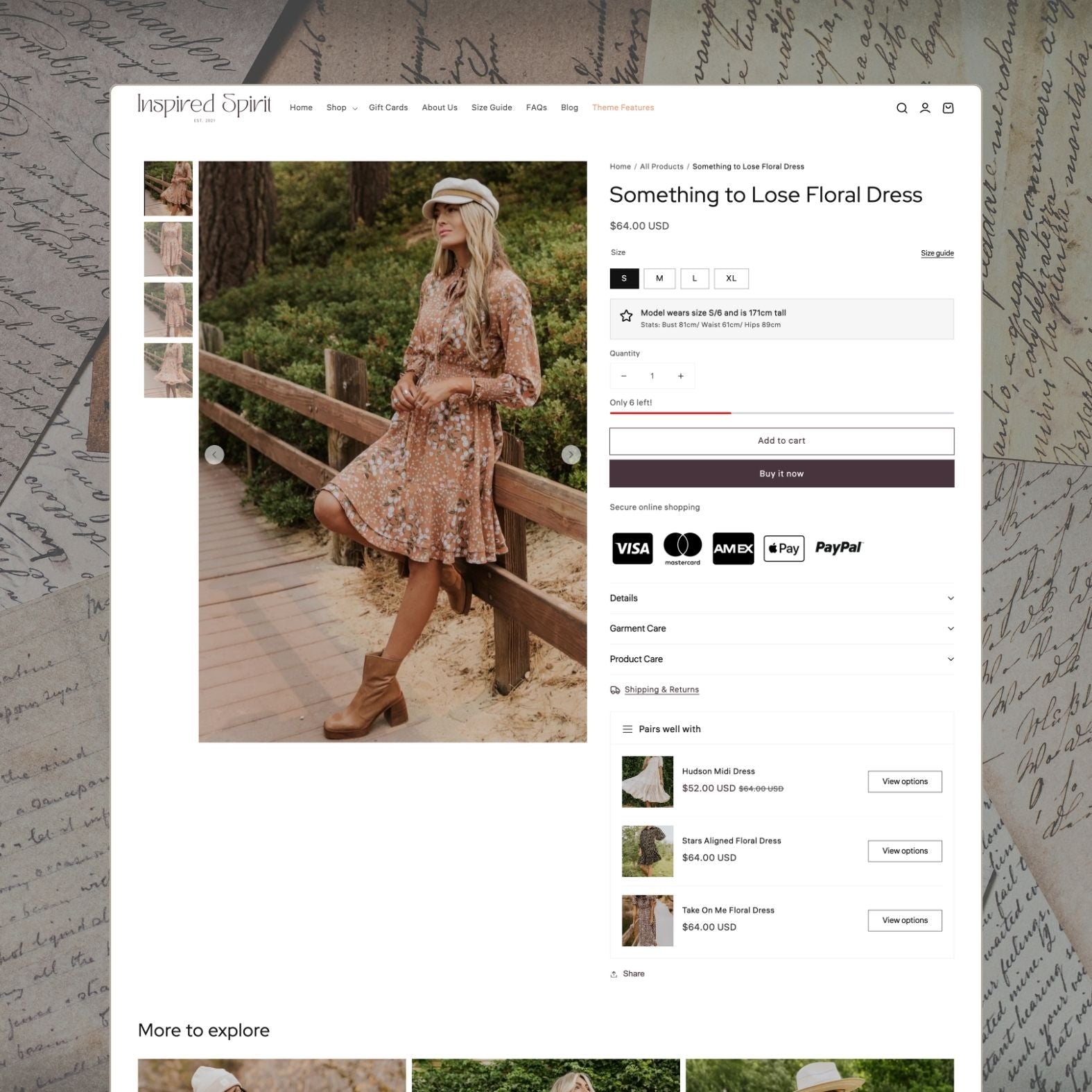 Spirit theme product page showing a 'Something to Lose' floral dress with outdoor model photography on a wooden bridge, size selector and fit guide, 'Only 6 left!' urgency, payment icons, and 'Pairs well with' dress suggestions