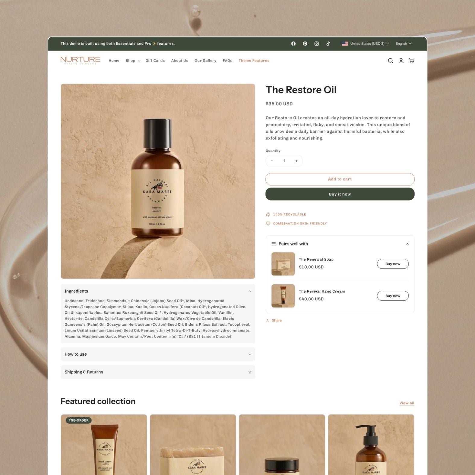 Nurture theme product page showing The Restore Oil facial product with amber glass bottle, add-to-cart and buy-it-now buttons, recyclable and skin-friendly badges, 'Pairs well with' upsell section, and ingredient accordion