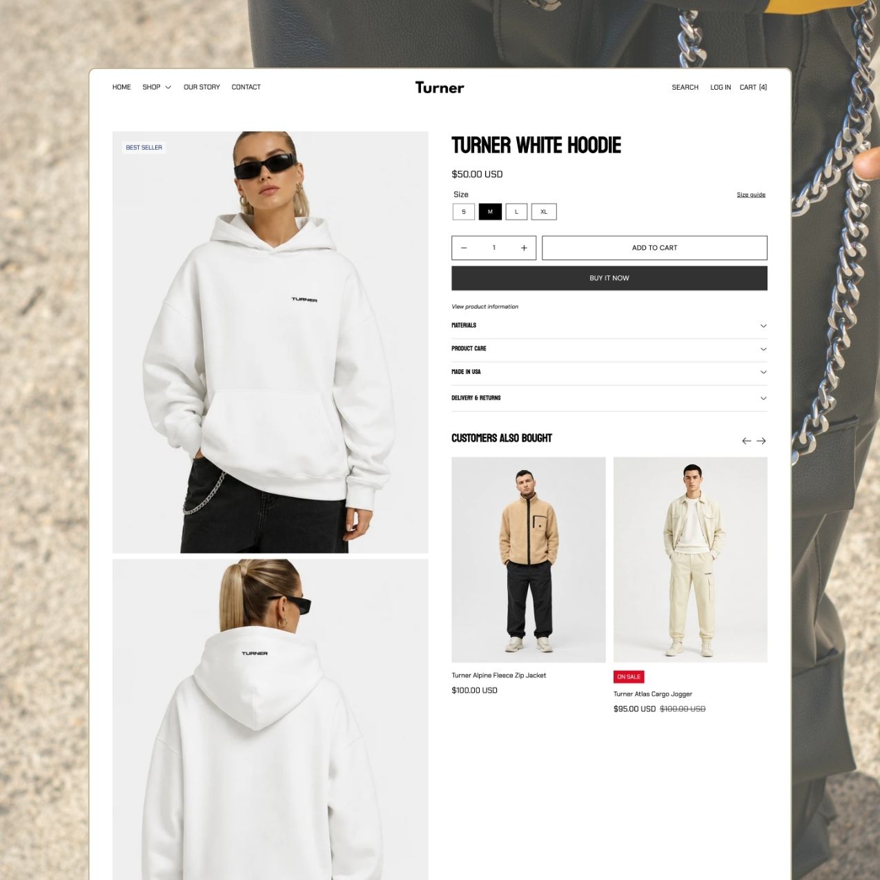 Turner theme product page with large product images, size selector, add to cart button, and product recommendations