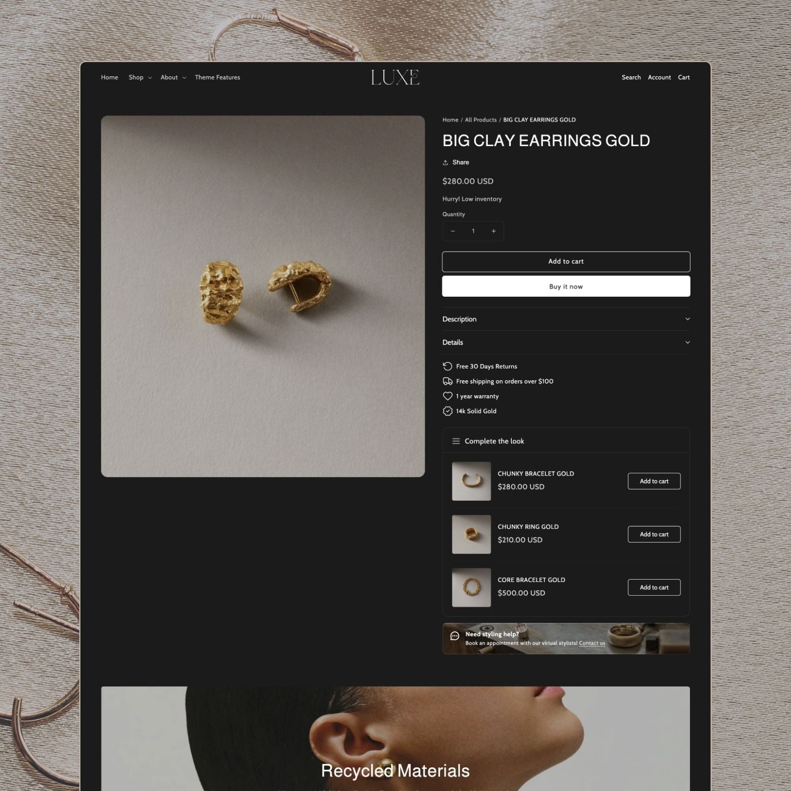 Luxe theme product page showing gold clay earrings on a dark background, with pricing, add-to-cart buttons, product details, cross-sell recommendations, and a styling help banner