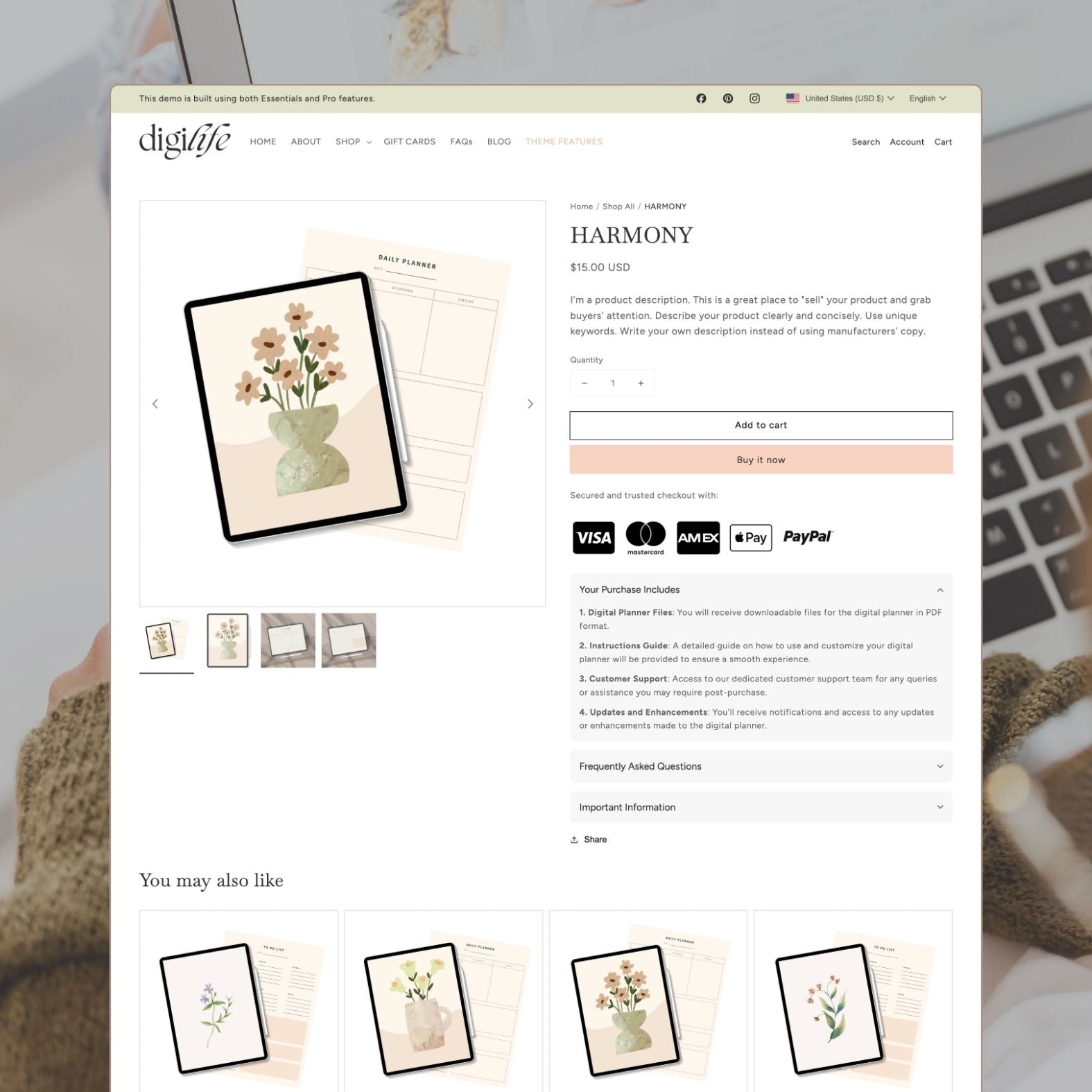 Digilife theme product page displaying a digital planner product with preview images, instant download information, pricing, and complementary digital product suggestions