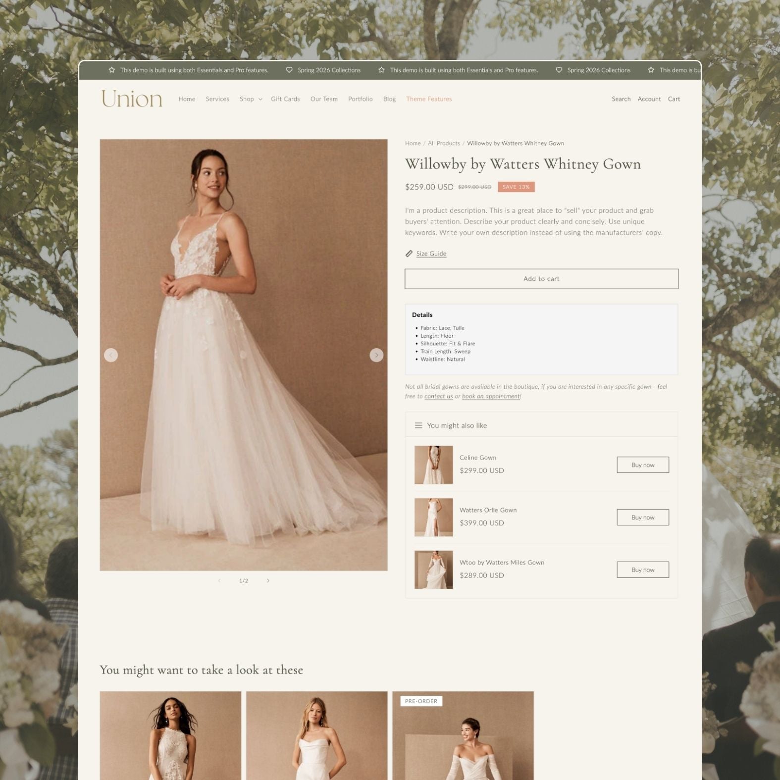 Union theme product page displaying a Willowby by Watters Whitney wedding gown with full-length bridal photography, fabric and silhouette details, size guide, 'You might also like' gown recommendations, and elegant serif typography