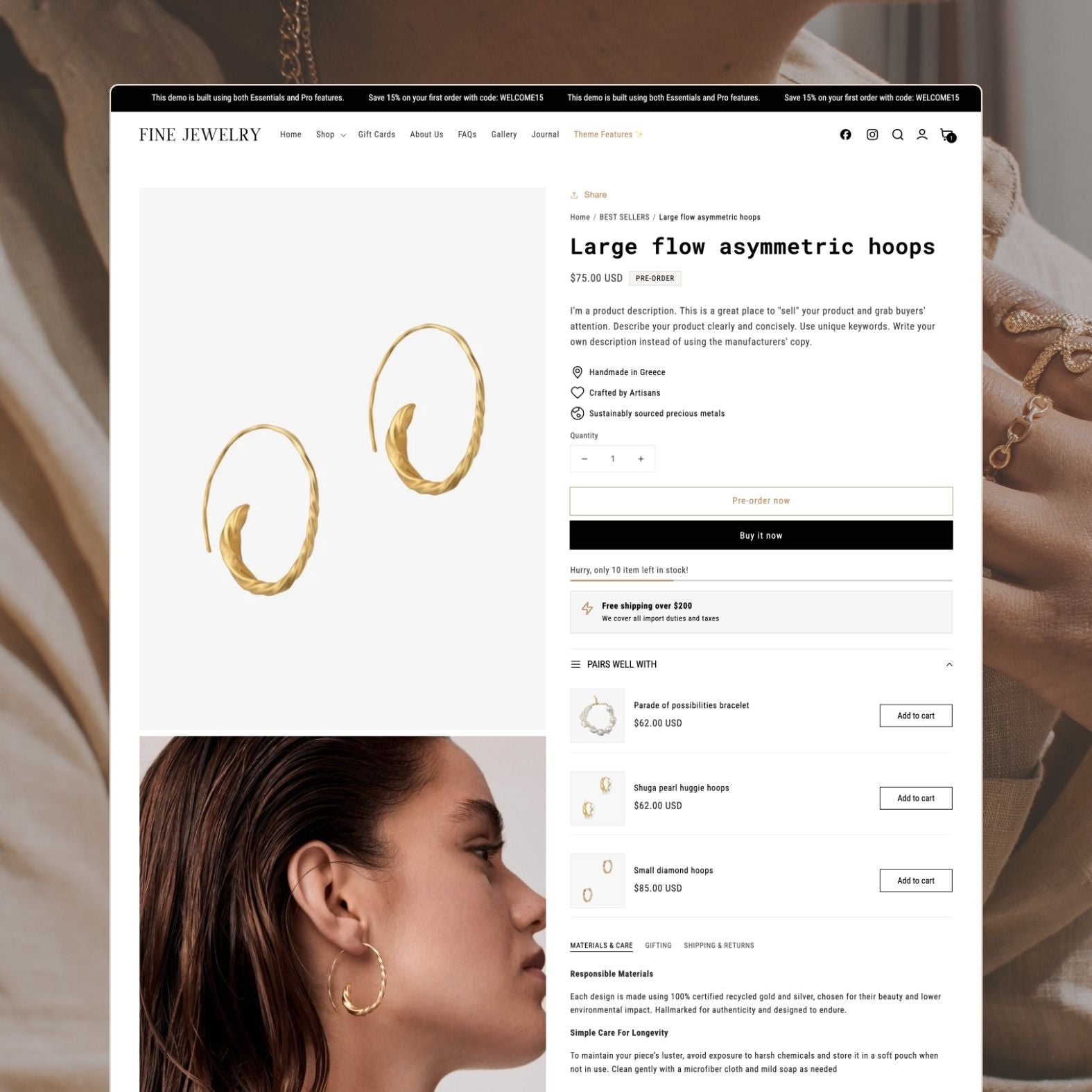 Fine Jewelry theme product page displaying a jewelry piece with detailed close-up photography, price, material specifications, and elegant product presentation