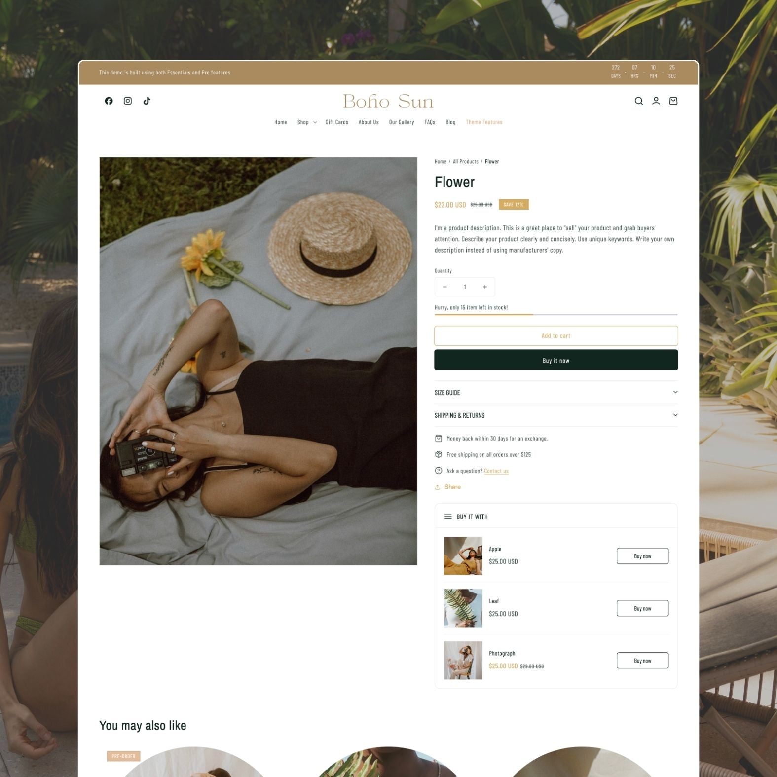 Boho Sun theme product page showing a boho-style swimwear piece with multiple product images, size selector, price, and beach-inspired styling