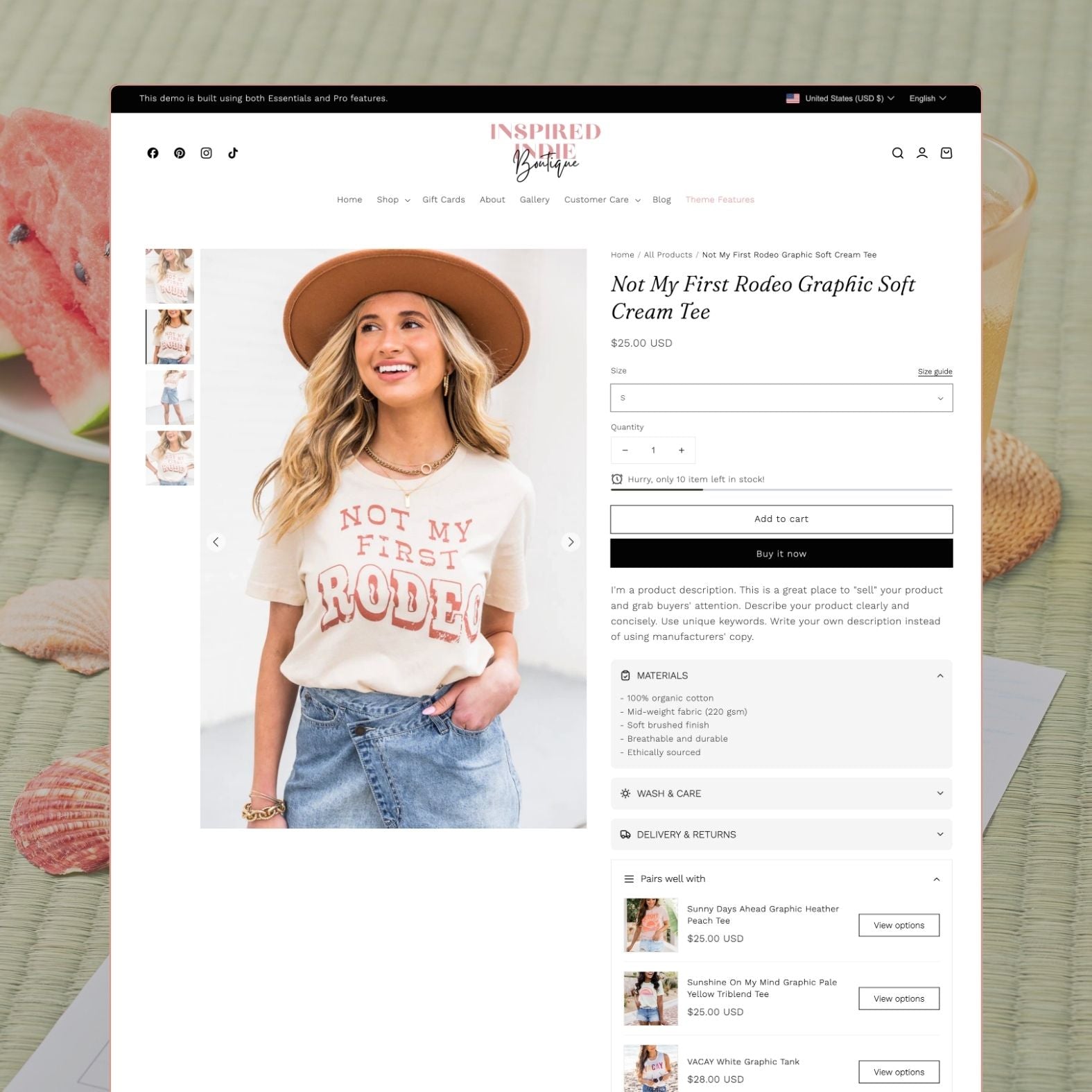 Indie theme product page displaying a trendy women's clothing item with vibrant pink-toned photography, size selector, style details, and mix-and-match suggestions