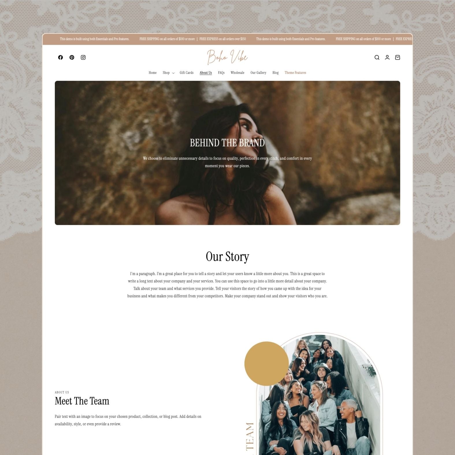 Boho Vibe theme about page showcasing a handcrafted fashion brand with artisan lifestyle imagery, brand philosophy, and earth-toned design