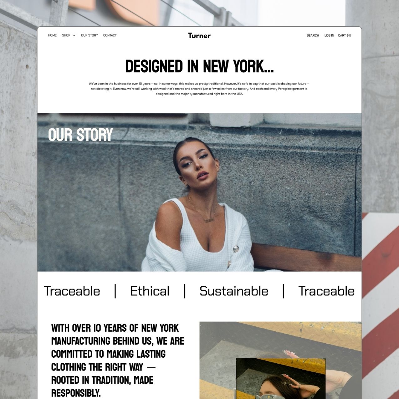 Turner theme story page with editorial imagery, brand values marquee, and bold headline typography
