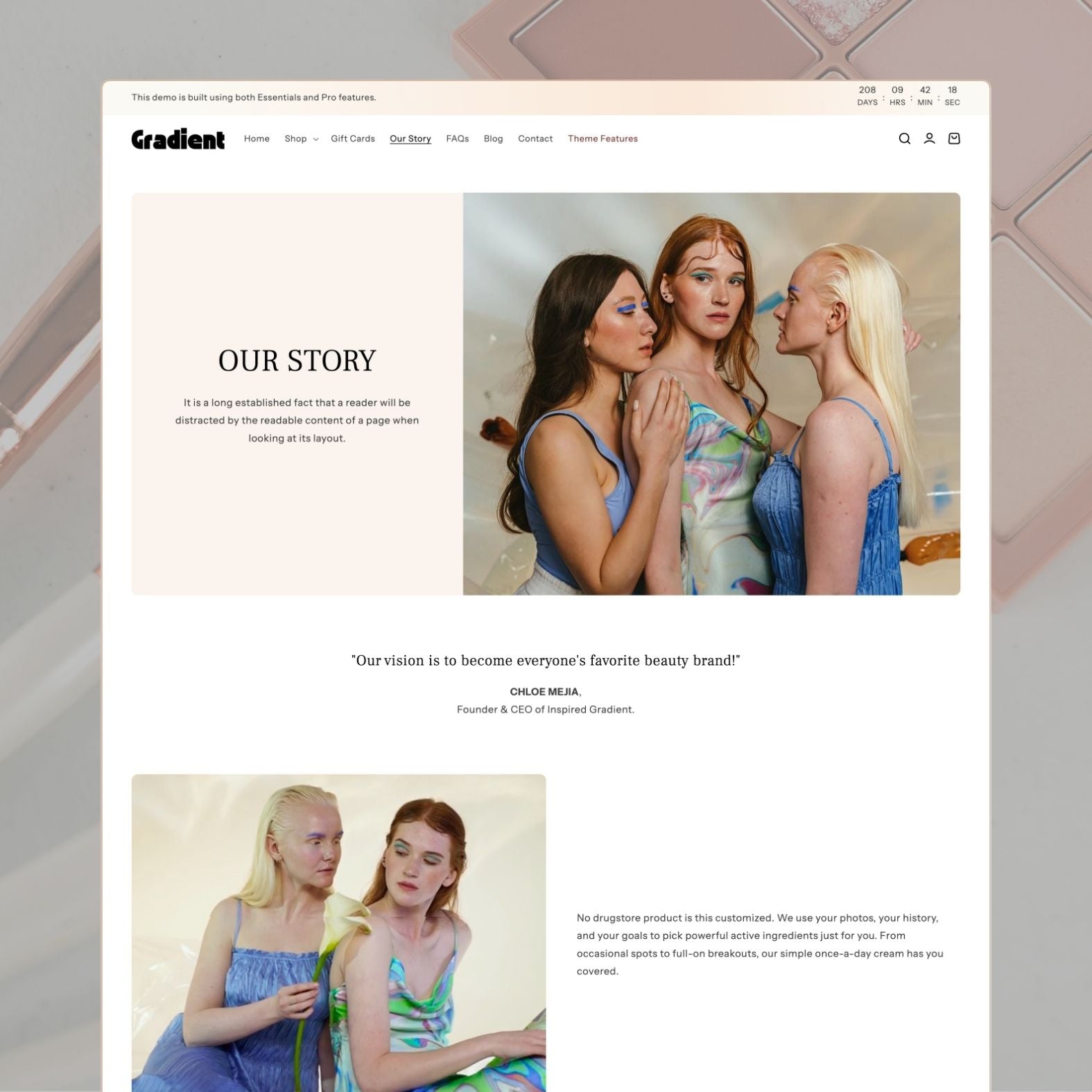 Gradient theme about page for a cosmetics brand with colorful imagery, brand philosophy about self-expression, team introduction, and vibrant design aesthetic