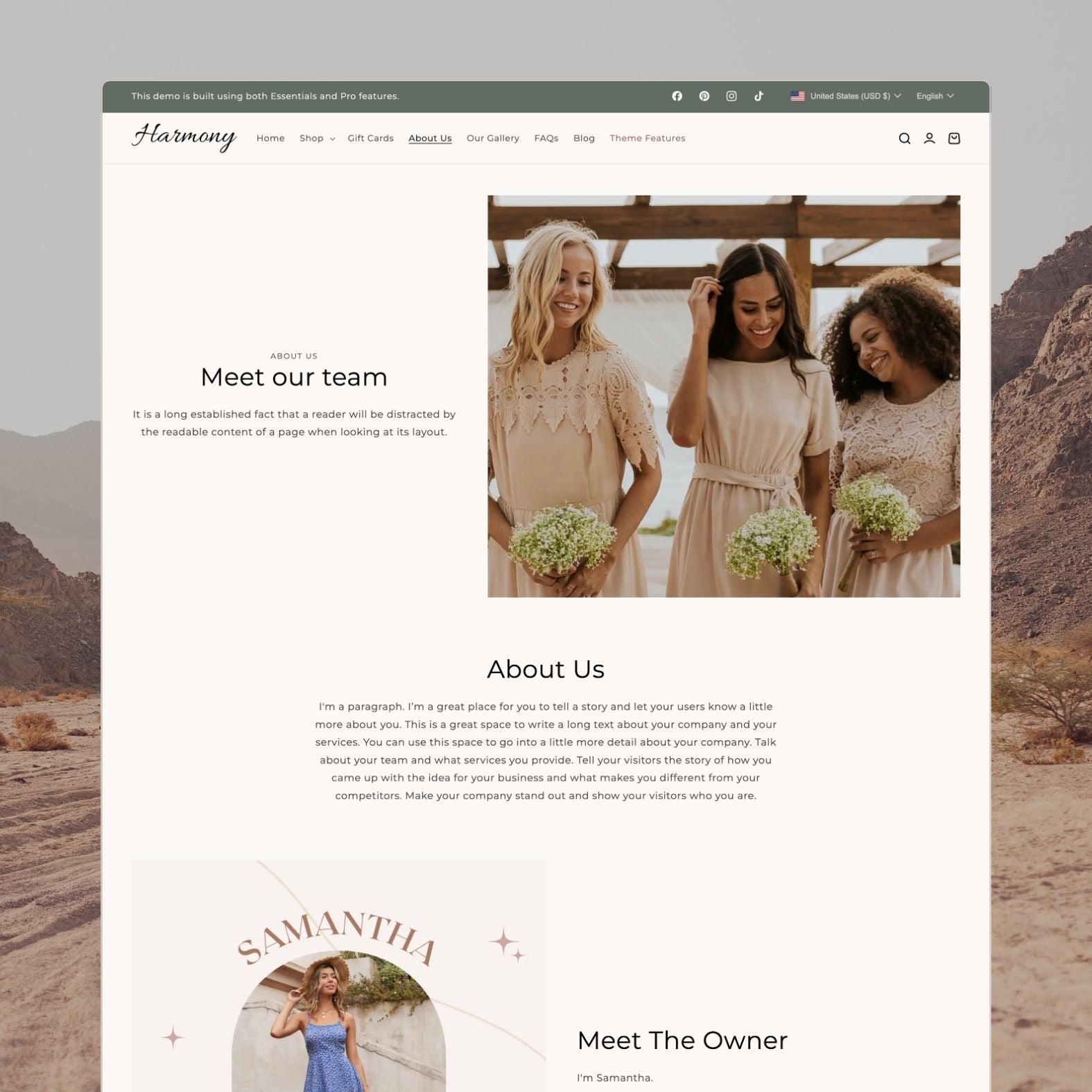 Harmony theme about page for a bohemian fashion brand with wildflower imagery, brand story about nature-inspired design, founder portrait, and sustainability values