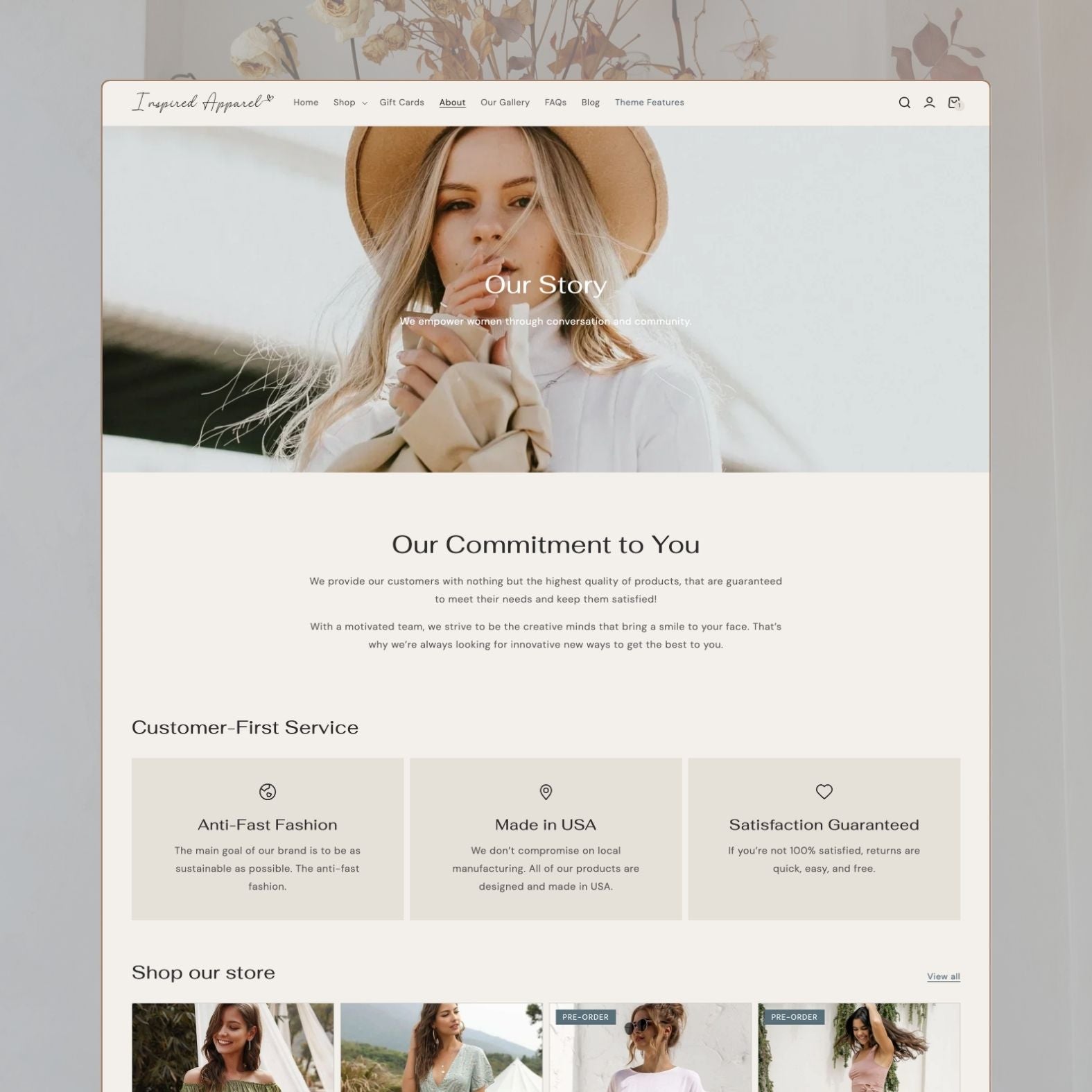 Apparel theme About Us page featuring a lifestyle hero banner, brand story section, customer-first service highlights with three value columns, and a product showcase on a warm cream background