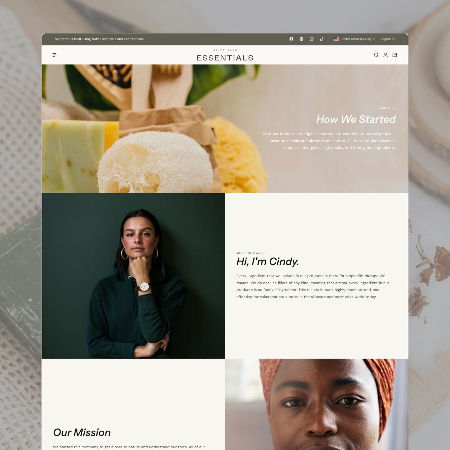 Essentials theme about page titled 'How We Started' with natural beauty product imagery, founder Cindy's portrait and story, mission statement about organic ingredients, and brand philosophy