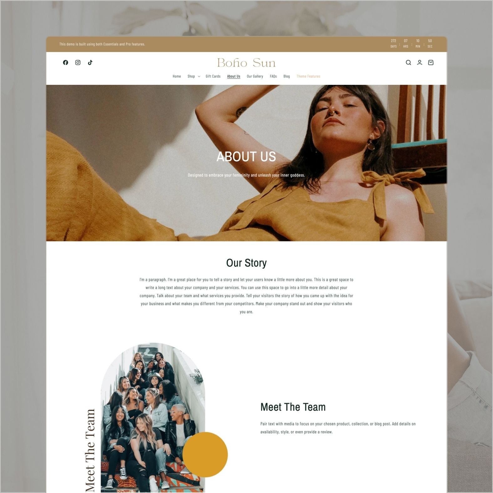 Boho Sun theme about page for a beach fashion brand with coastal lifestyle imagery, brand story, founder introduction, and sun-drenched photography