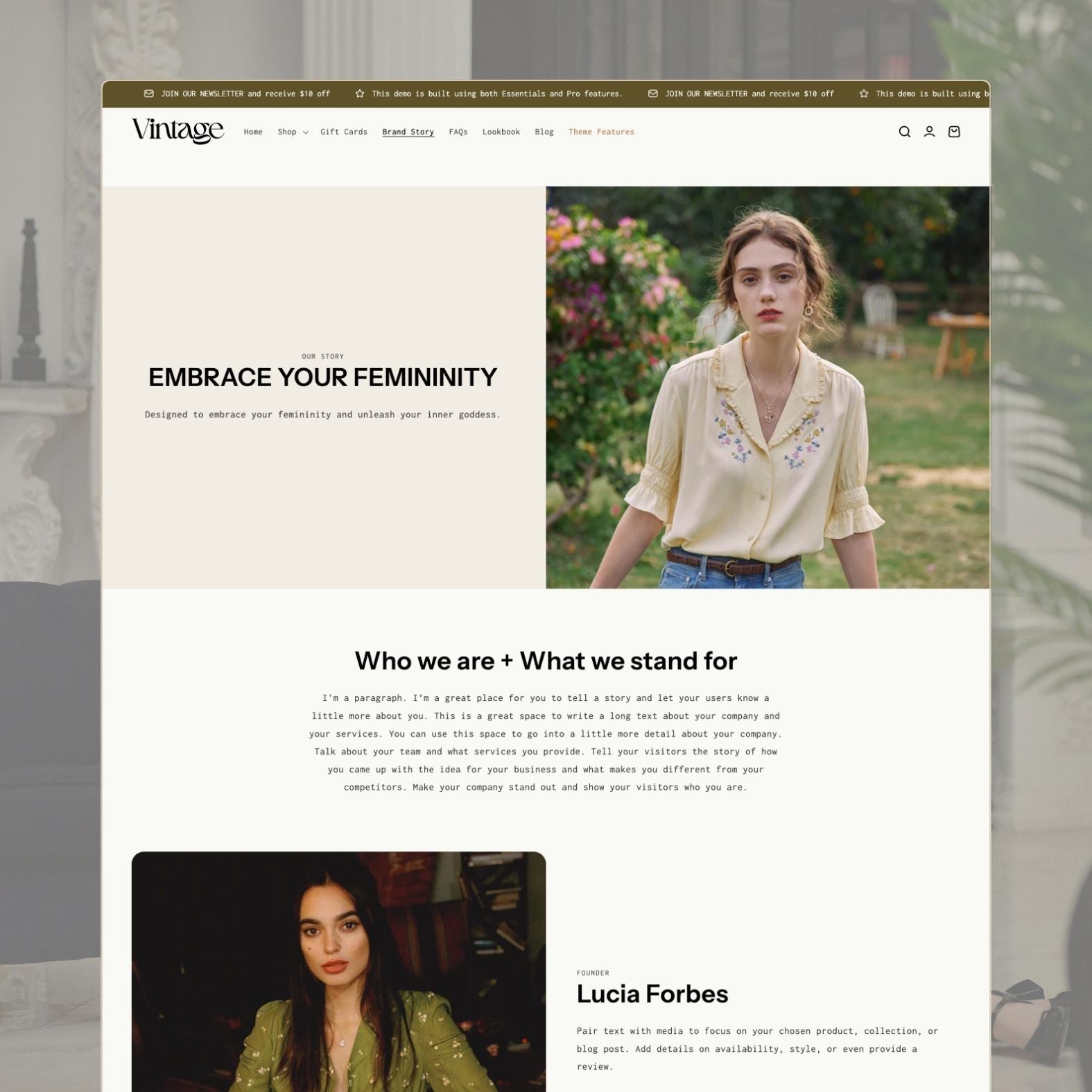 Vintage theme about page with 'Embrace Your Femininity' hero section, vintage-styled model in an embroidered blouse, 'Who we are + What we stand for' brand narrative, and founder Lucia Forbes portrait