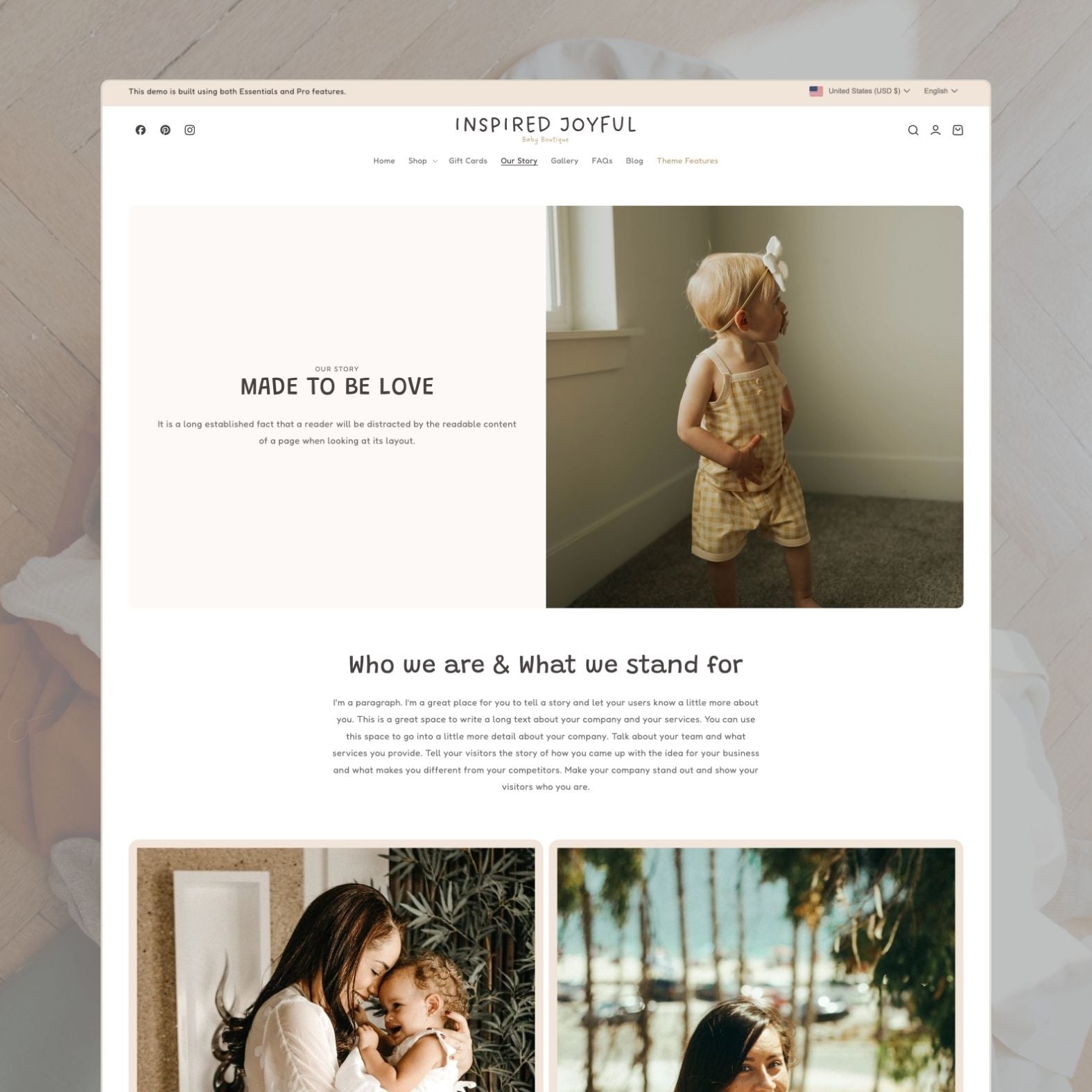 Joy theme about page for a children's clothing brand with warm family imagery, brand story about comfort and quality, founder introduction, and gentle color palette