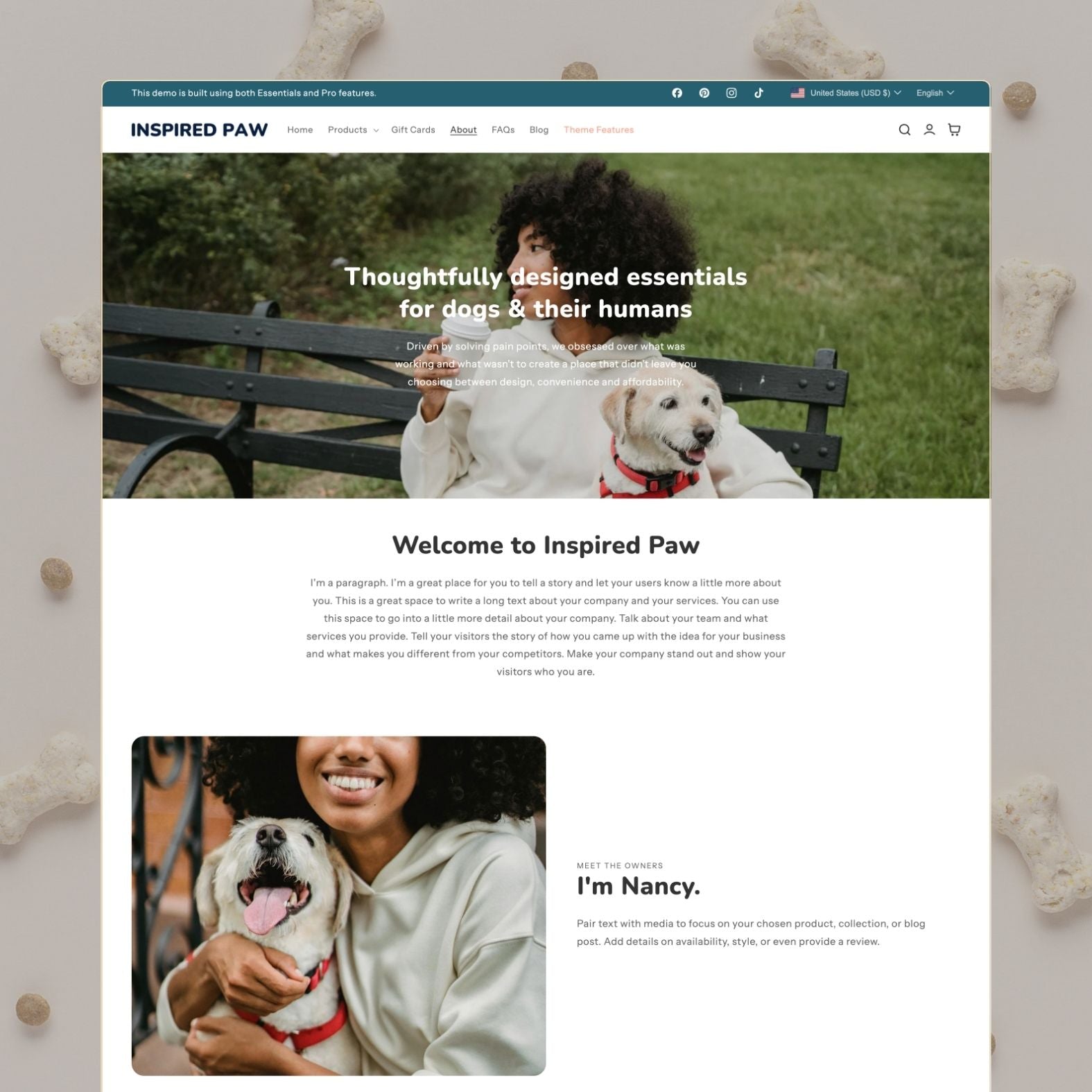 Paw theme about page with hero banner reading 'Thoughtfully designed essentials for dogs & their humans', 'Welcome to Inspired Paw' story section, owner Nancy's portrait with her dog, and park lifestyle imagery