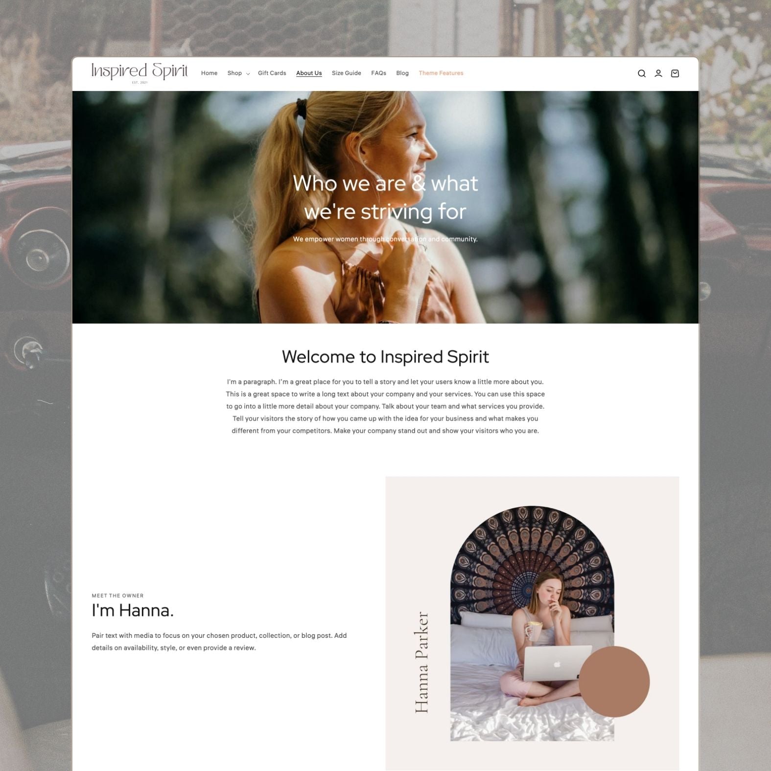 Spirit theme about page titled 'Who we are & what we're striving for' with lifestyle imagery of a woman in sunlight, 'Welcome to Inspired Spirit' story, and founder Hanna Parker's mandala-style portrait feature