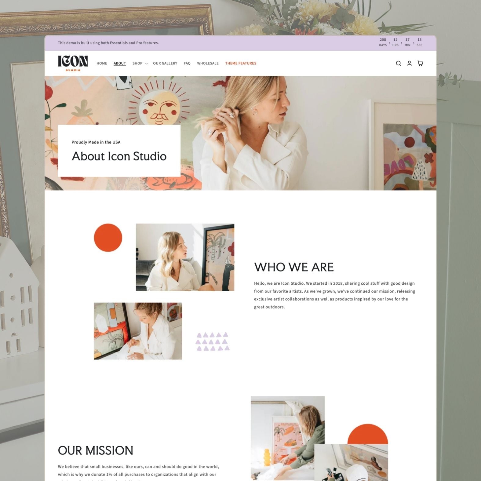 Icon theme about page for an artisan home goods brand with eclectic imagery, maker's story, design philosophy, and colorful brand aesthetic