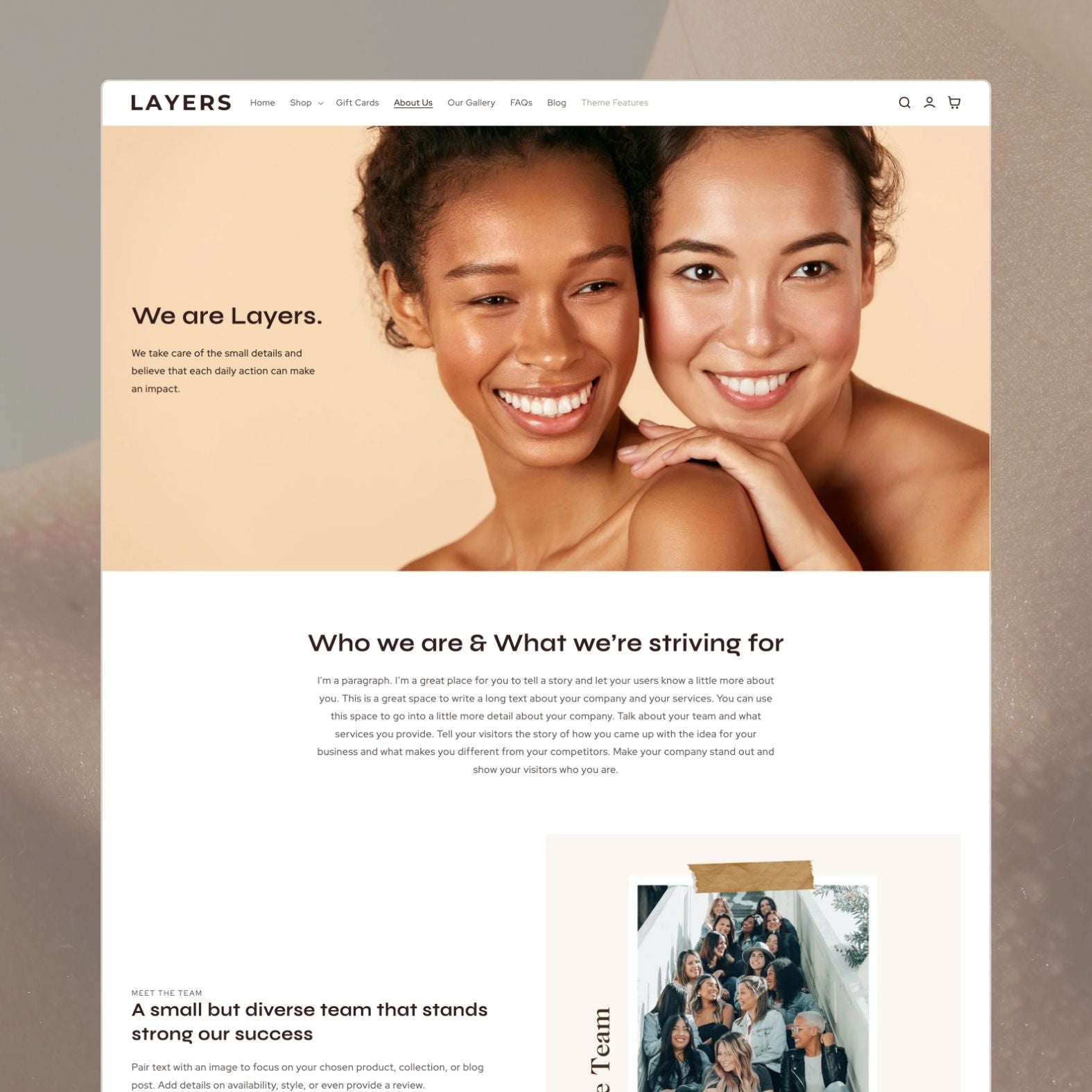 Layers theme about page for a wellness brand with dark sophisticated imagery, brand science and formulation story, team expertise section, and premium design