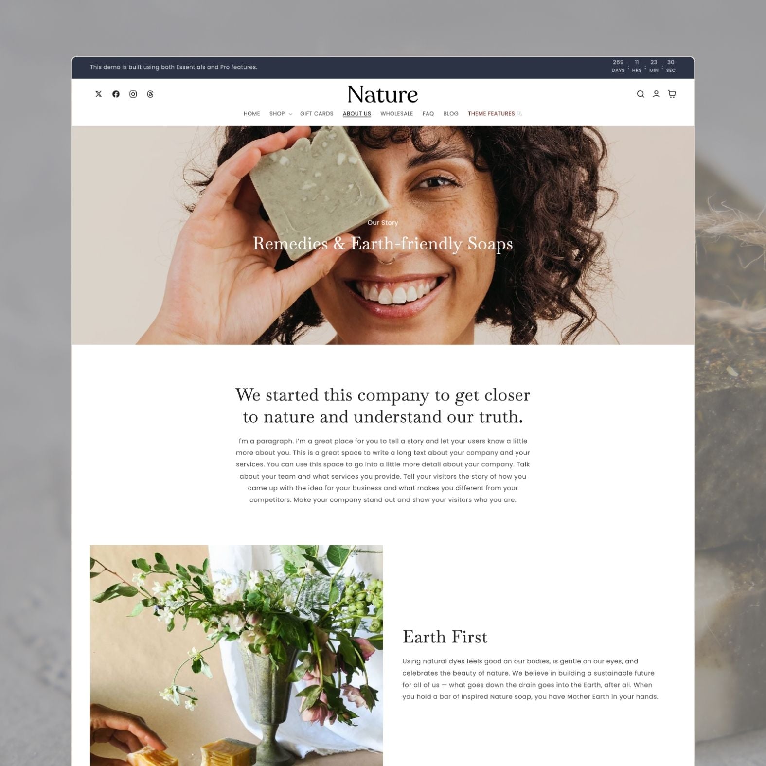 Nature theme about page titled 'Remedies & Earth-friendly Soaps' with brand story about natural ingredients, floral arrangement imagery, 'Earth First' sustainability section, and company philosophy