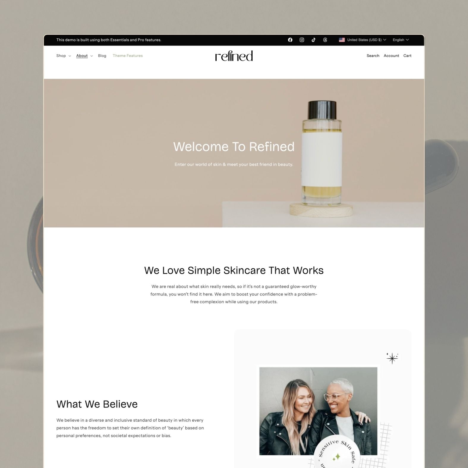 Refined theme about page titled 'Welcome To Refined' with skincare bottle hero image, 'We Love Simple Skincare That Works' philosophy, 'What We Believe' section about inclusive beauty standards, and team portrait