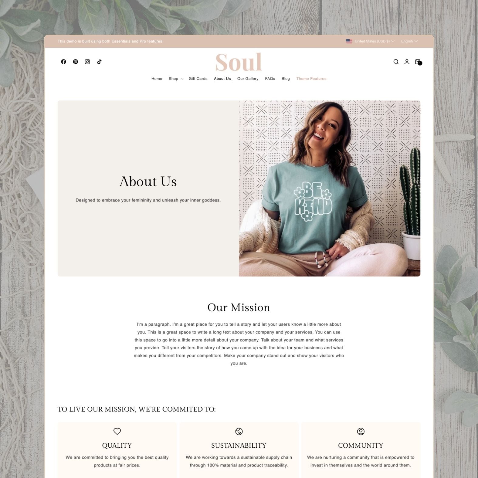 Soul theme about page with 'About Us' headline and 'Be Kind' graphic tee image, brand mission statement about embracing femininity, and commitment pillars for quality, sustainability, and community
