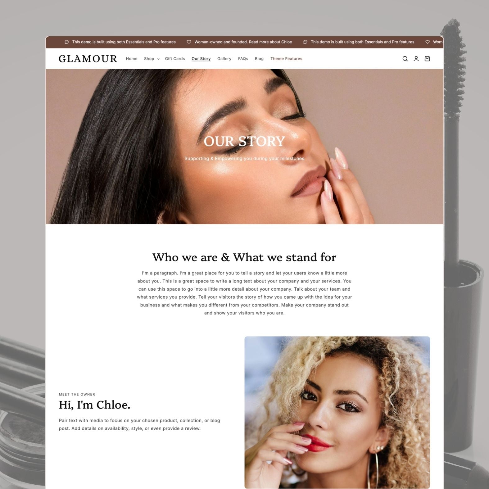 Glamour theme about page for a beauty brand with warm-toned portrait photography, brand story, founder introduction, and commitment to quality hair products