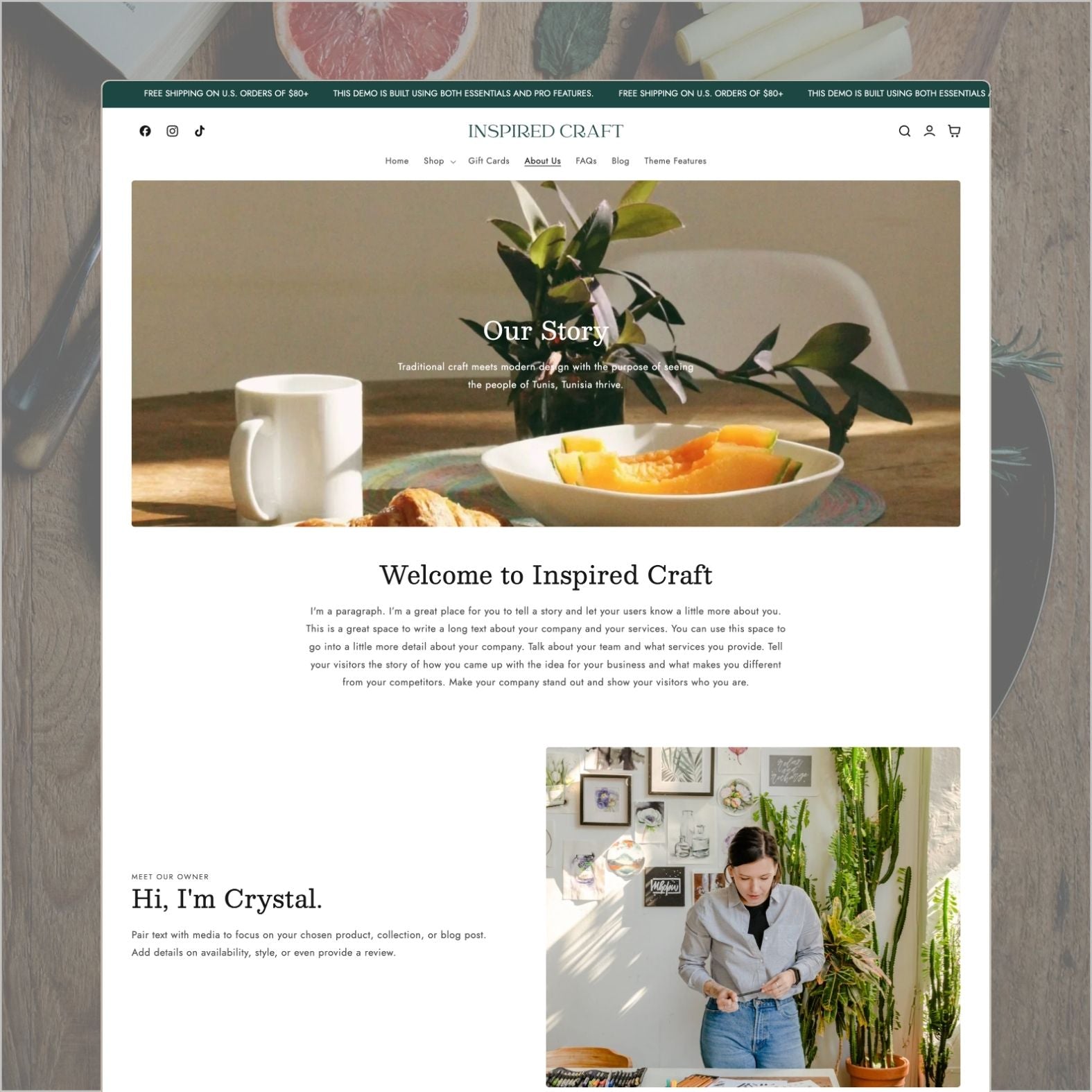 Craft theme about page titled 'Our Story' showing a traditional craft meets modern design narrative, owner introduction, lifestyle kitchen imagery, and brand philosophy
