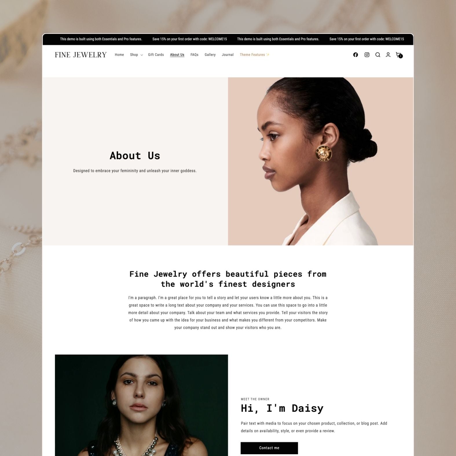 Fine Jewelry theme about page for a jewelry brand with editorial-style photography, brand heritage story, craftsmanship details, and luxurious dark aesthetic