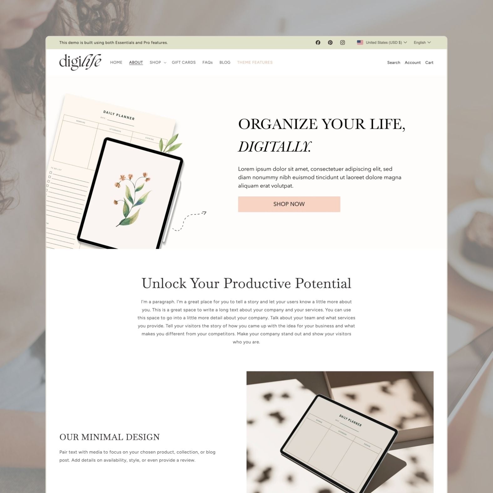 Digilife theme about page for a digital products brand with pastel-toned imagery, creator story, brand values focused on productivity, and modern minimal design