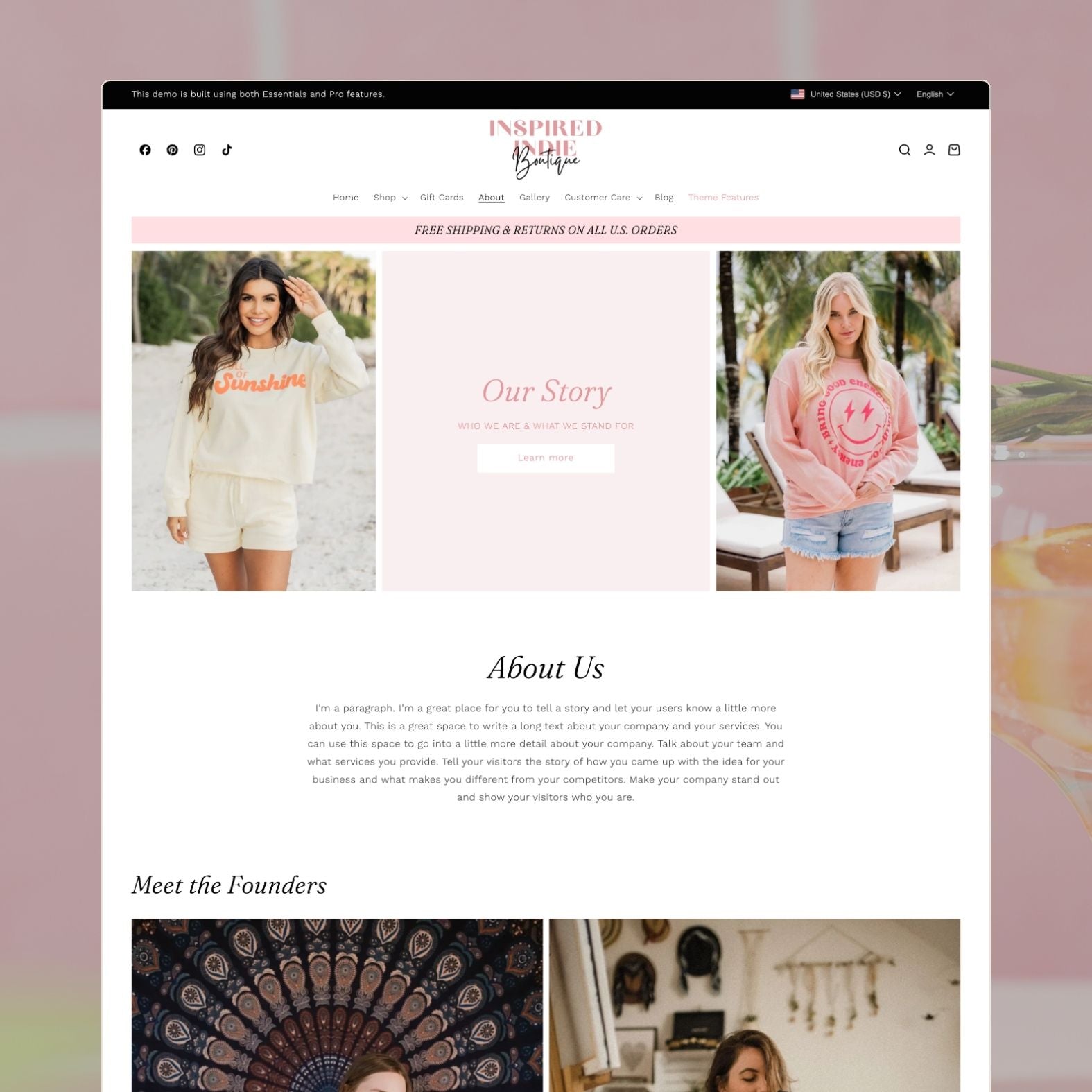 Indie theme about page for a youthful fashion brand with playful pink imagery, brand story about self-expression, team introduction, and fun energetic design