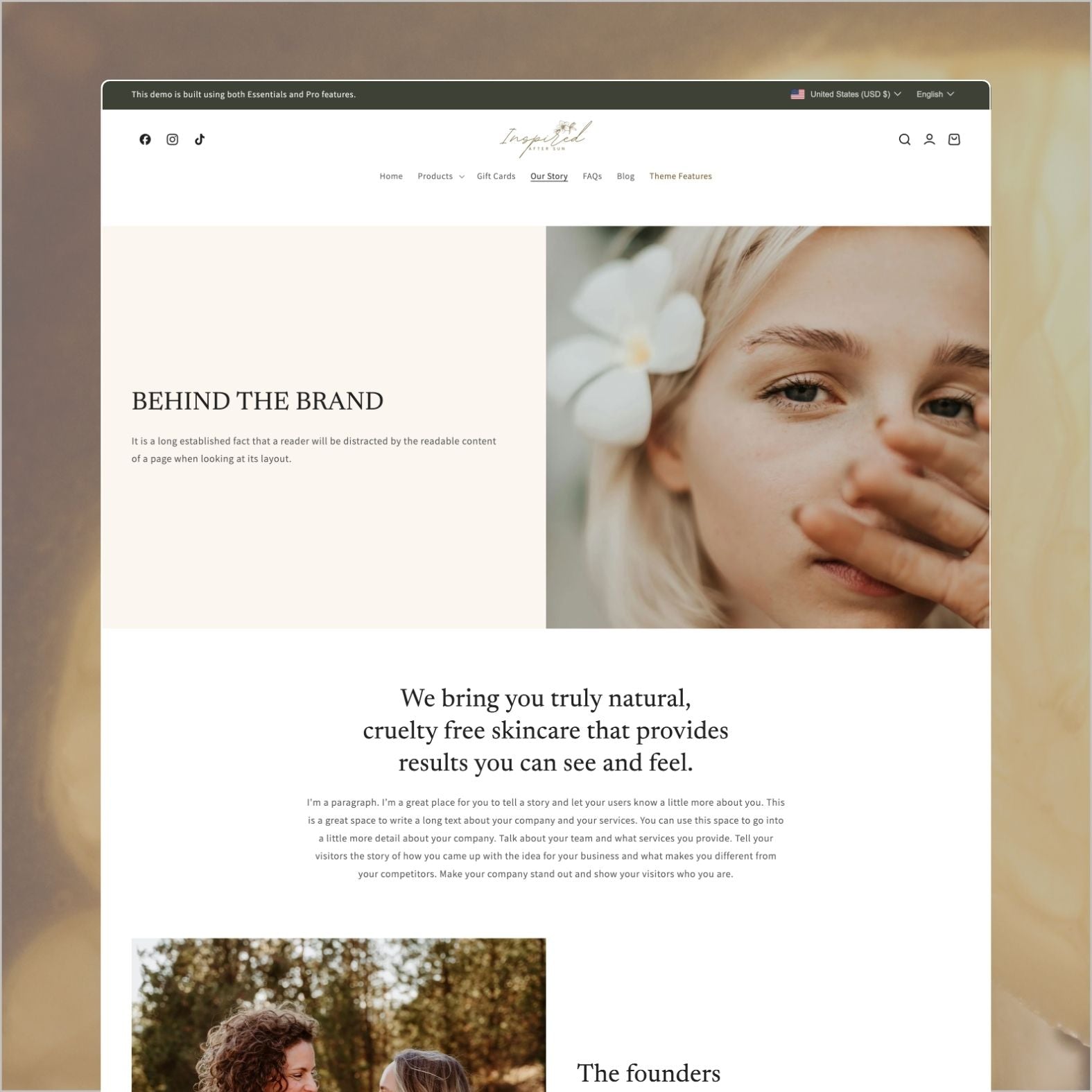 After Sun theme about page showcasing a natural skincare brand story with earth-toned imagery, brand mission statement, team photo, and sustainability values