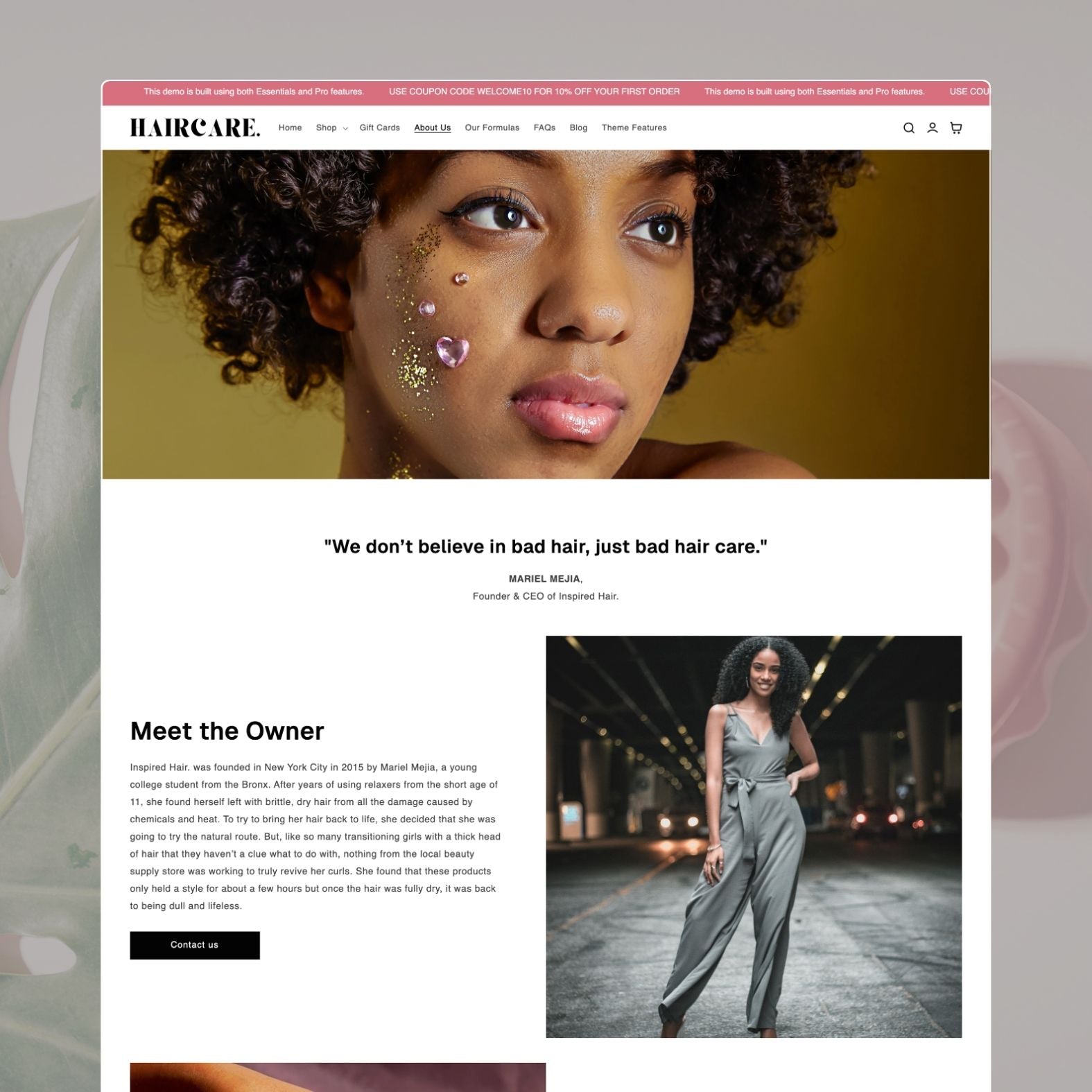 Haircare theme about page for a natural hair care brand with soft pink-toned imagery, brand origin story, ingredient philosophy, and team section