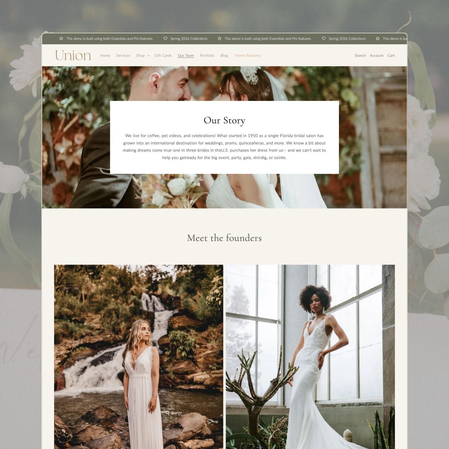 Union theme about page with romantic couple hero image, 'Our Story' narrative about growing from a Florida bridal salon, 'Meet the founders' section with bridal portrait photography in natural and greenhouse settings