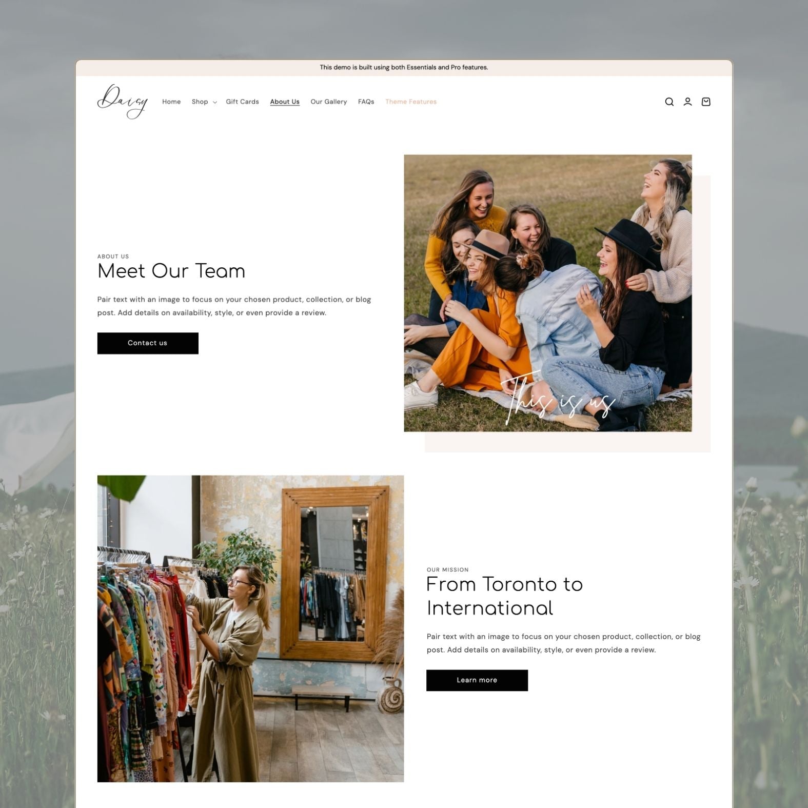 Daisy theme about page featuring a 'Meet Our Team' section with group photos, 'From Toronto to International' mission statement, and fashion-forward lifestyle imagery