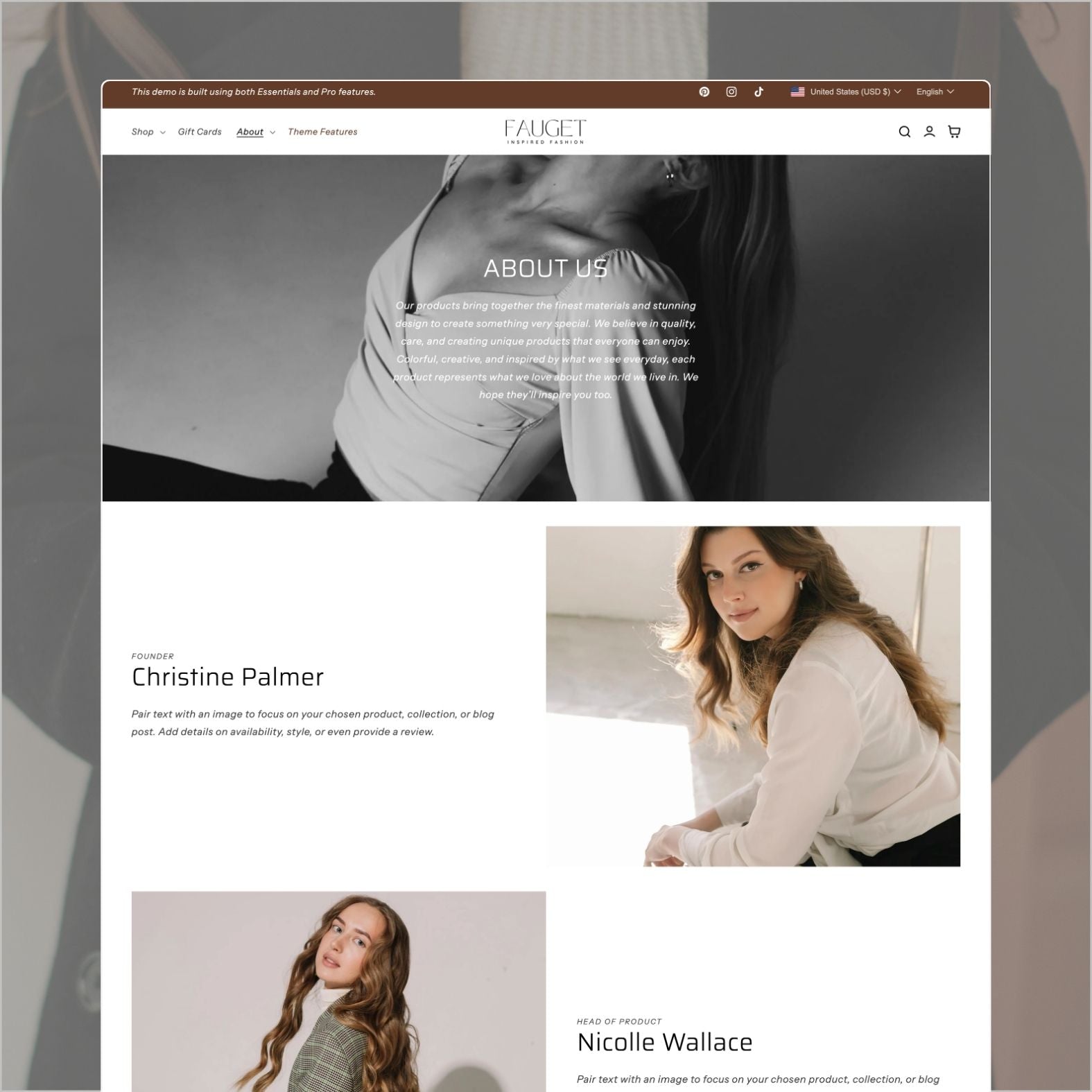 Fauget theme about page with black-and-white hero imagery, brand story about finest materials and stunning design, founder Christine Palmer portrait, and team section
