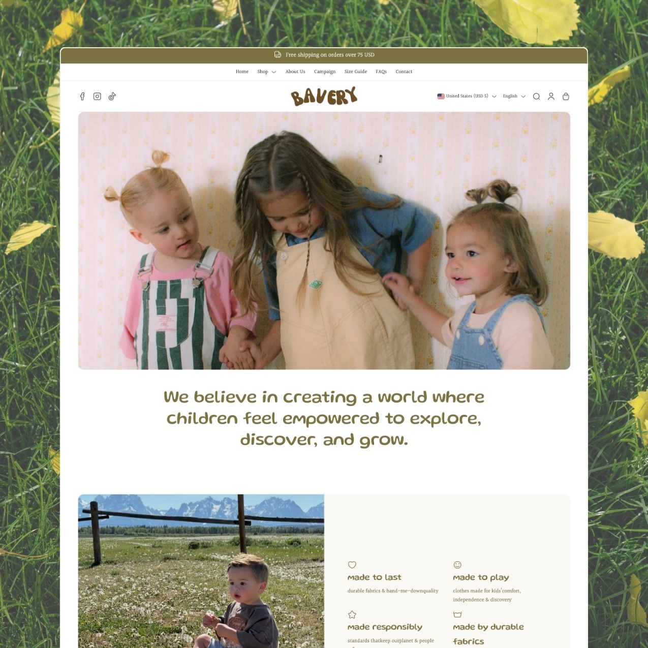 Bavery theme about page with editorial imagery, brand mission statement, and product value highlights