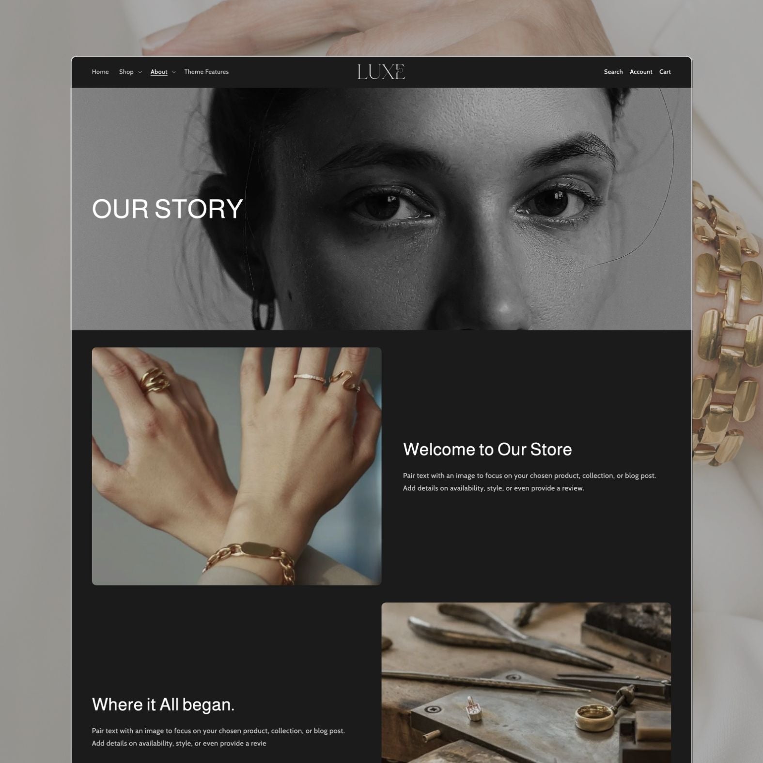 Luxe theme About Us page for a jewelry brand featuring a cinematic black-and-white hero portrait, brand storytelling sections with editorial imagery, and a jewelry craftsmanship workshop photo on a dark background