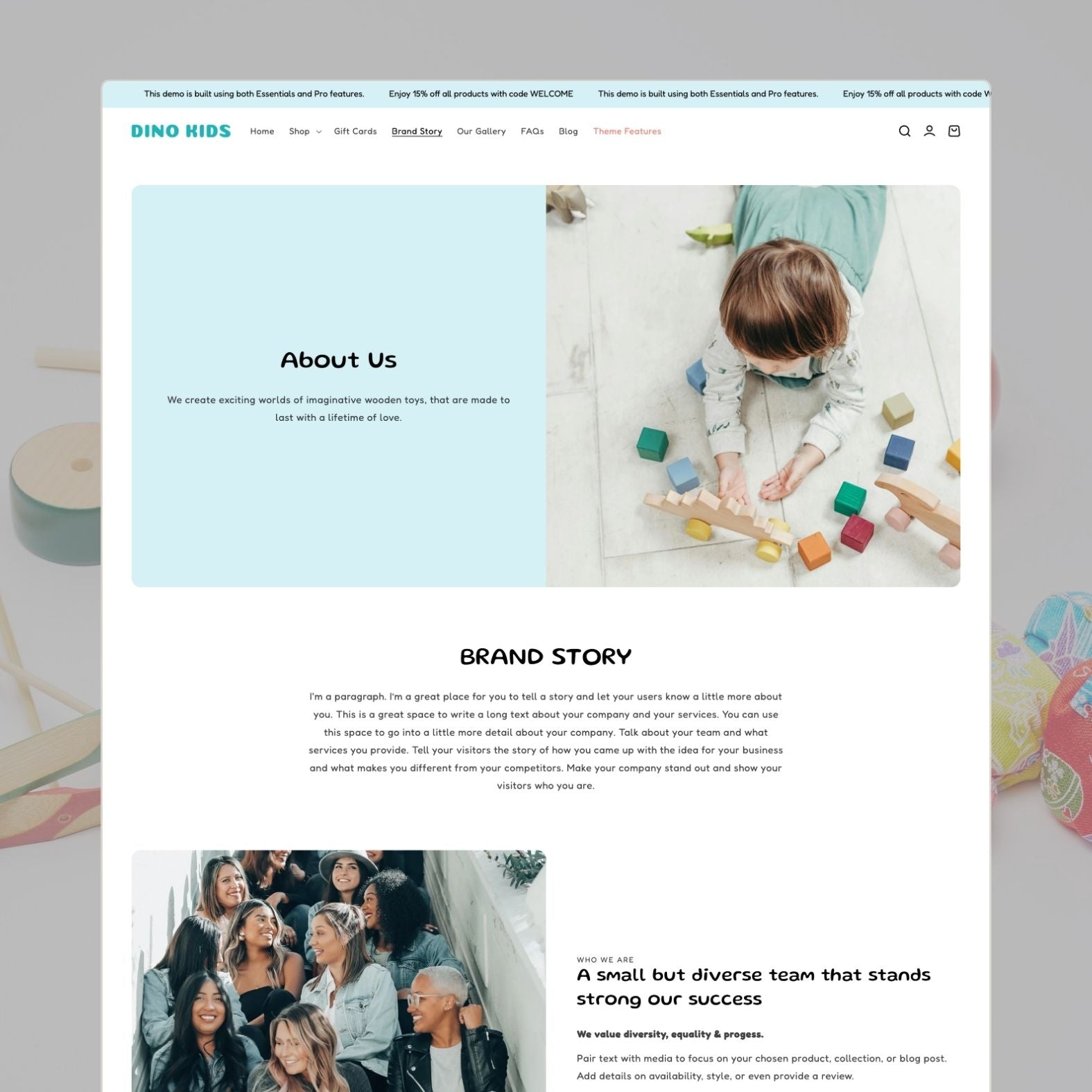 Dino Kids theme about page for a children's toy brand with playful imagery, brand story about sustainable play, team photos, and child-friendly design elements