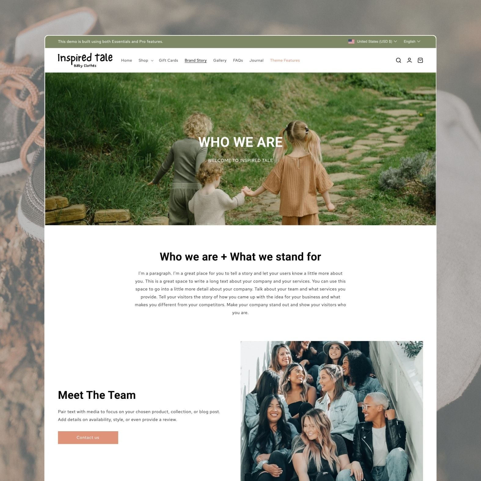 Tale theme about page with 'Who We Are' hero showing a family walk on a nature path, brand story section, 'Meet The Team' diverse group photo, and green contact us button