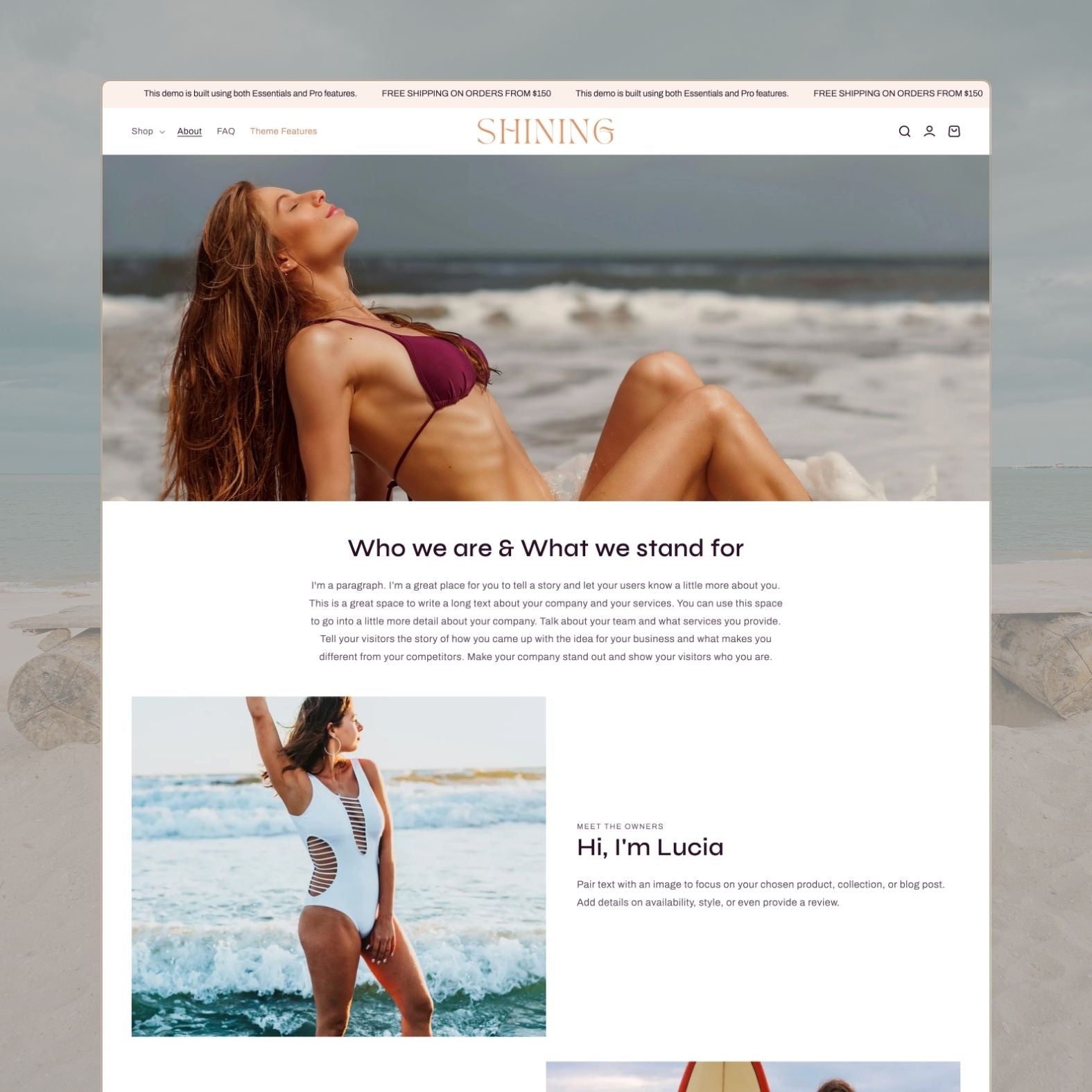 Shining theme about page with beachside hero image of a woman sunbathing, 'Who we are & What we stand for' narrative, ocean lifestyle photography, and founder Lucia's introduction