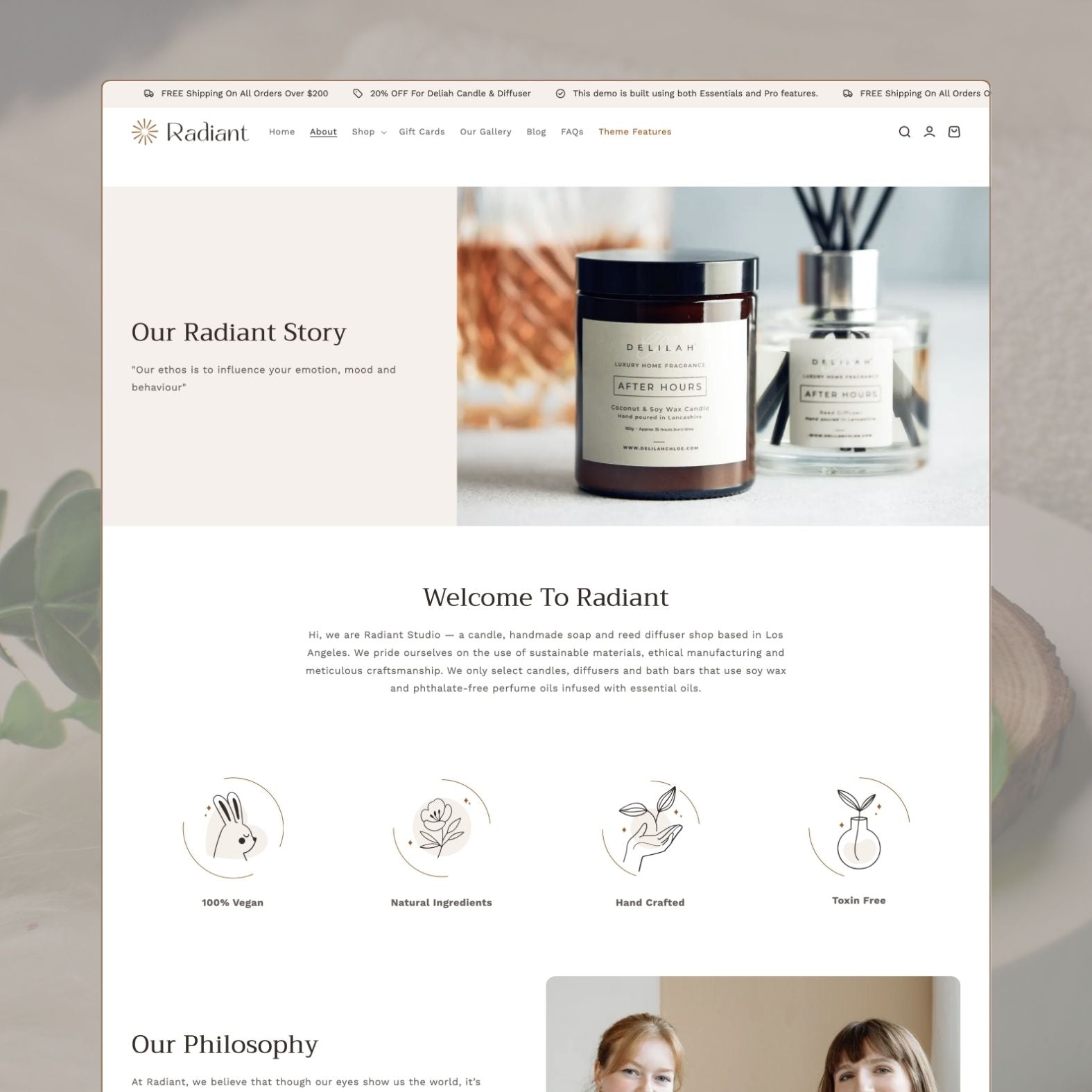 Radiant theme about page with 'Our Radiant Story' headline alongside luxury candle and diffuser products, brand welcome text about sustainable materials, trust icons, and 'Our Philosophy' section