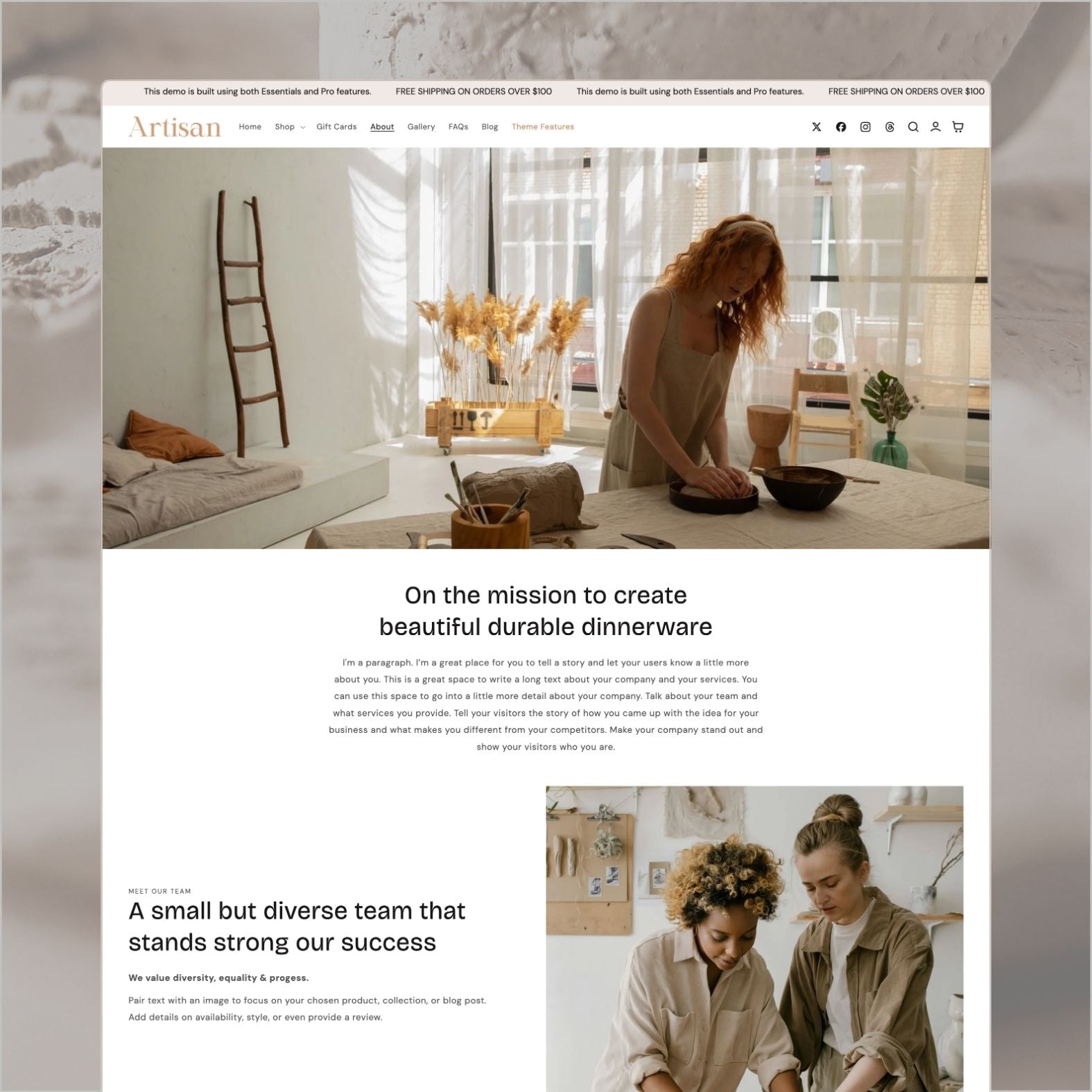 Artisan theme about page telling the story of a handmade ceramics brand with artisan workshop imagery, craft process photos, and brand values section